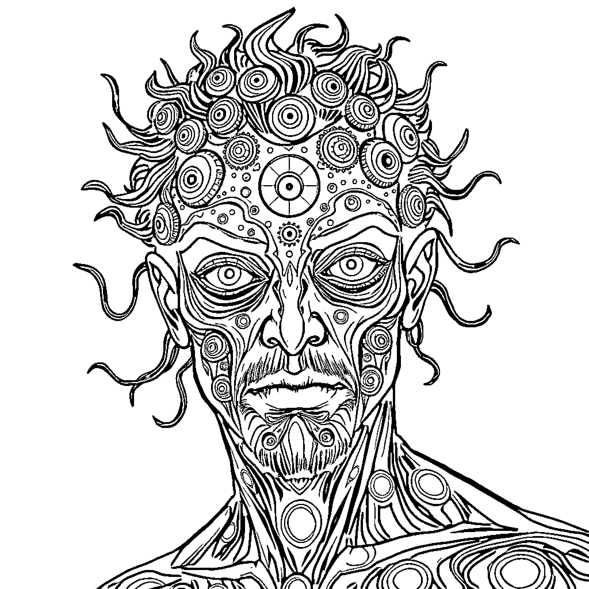 Man with intricate psychedelic facial features Coloring Page (free black-and-white line drawing printable PDF for all, from beginners to advanced learners, including children, teens, adults, and seniors)