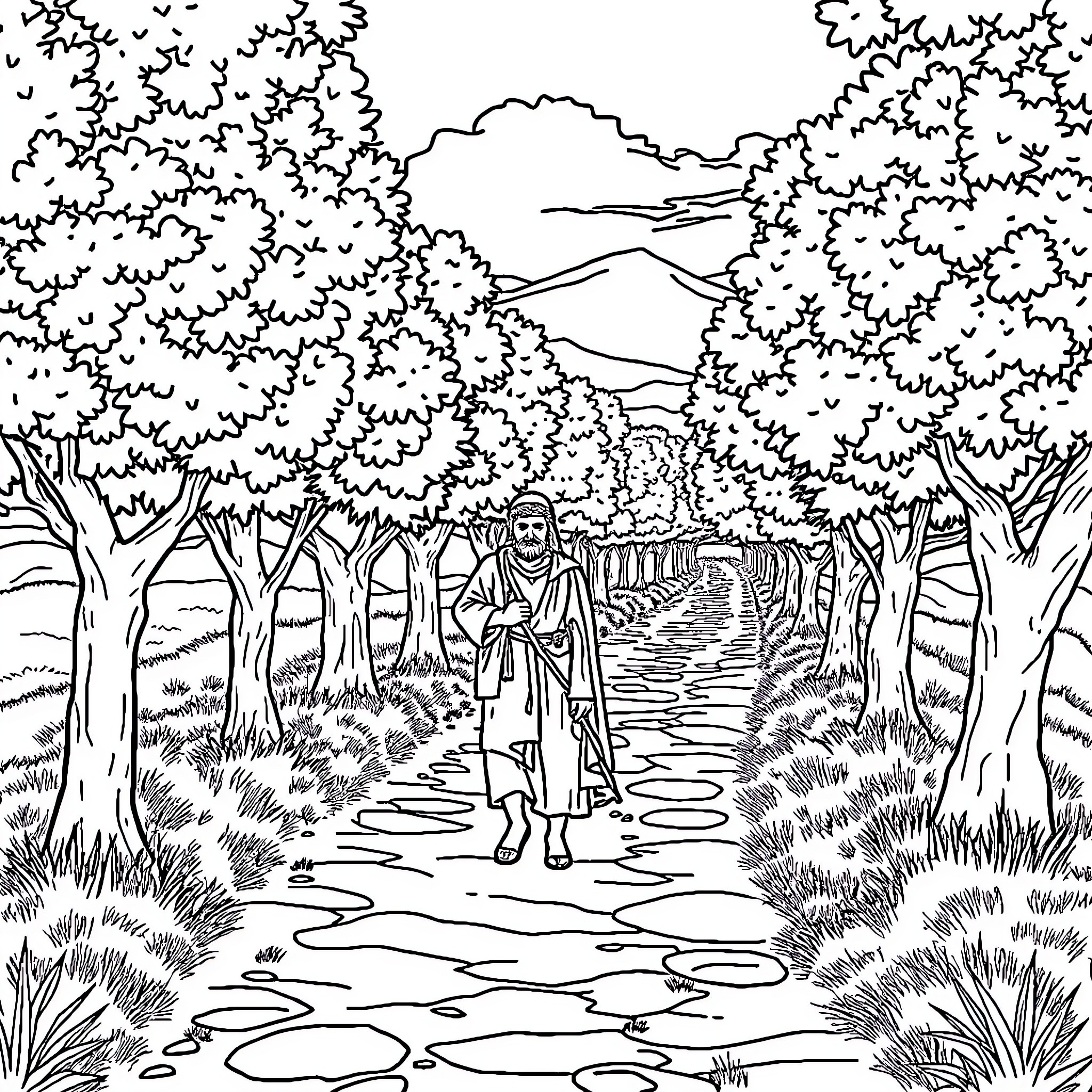 Santiago's Journey Through the Tranquil Forest Coloring Page (free black-and-white line drawing printable PDF for all, from beginners to advanced learners, including children, teens, adults, and seniors)