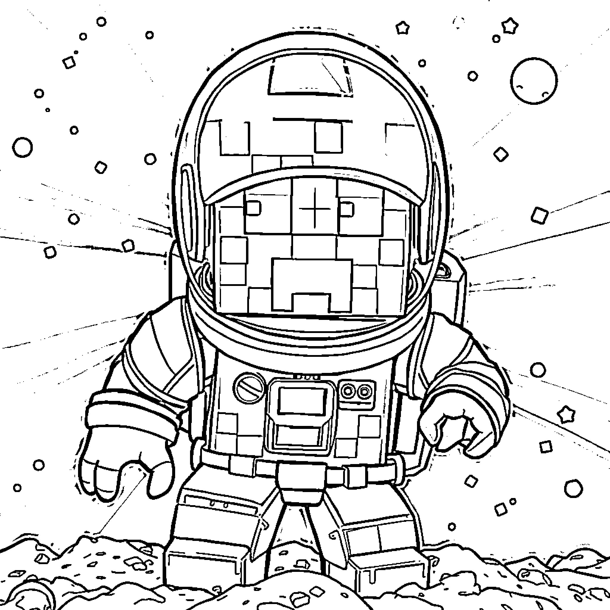 Creeper Astronaut in Outer Space Coloring Page (free black-and-white line drawing printable PDF for all, from beginners to advanced learners, including children, teens, adults, and seniors)