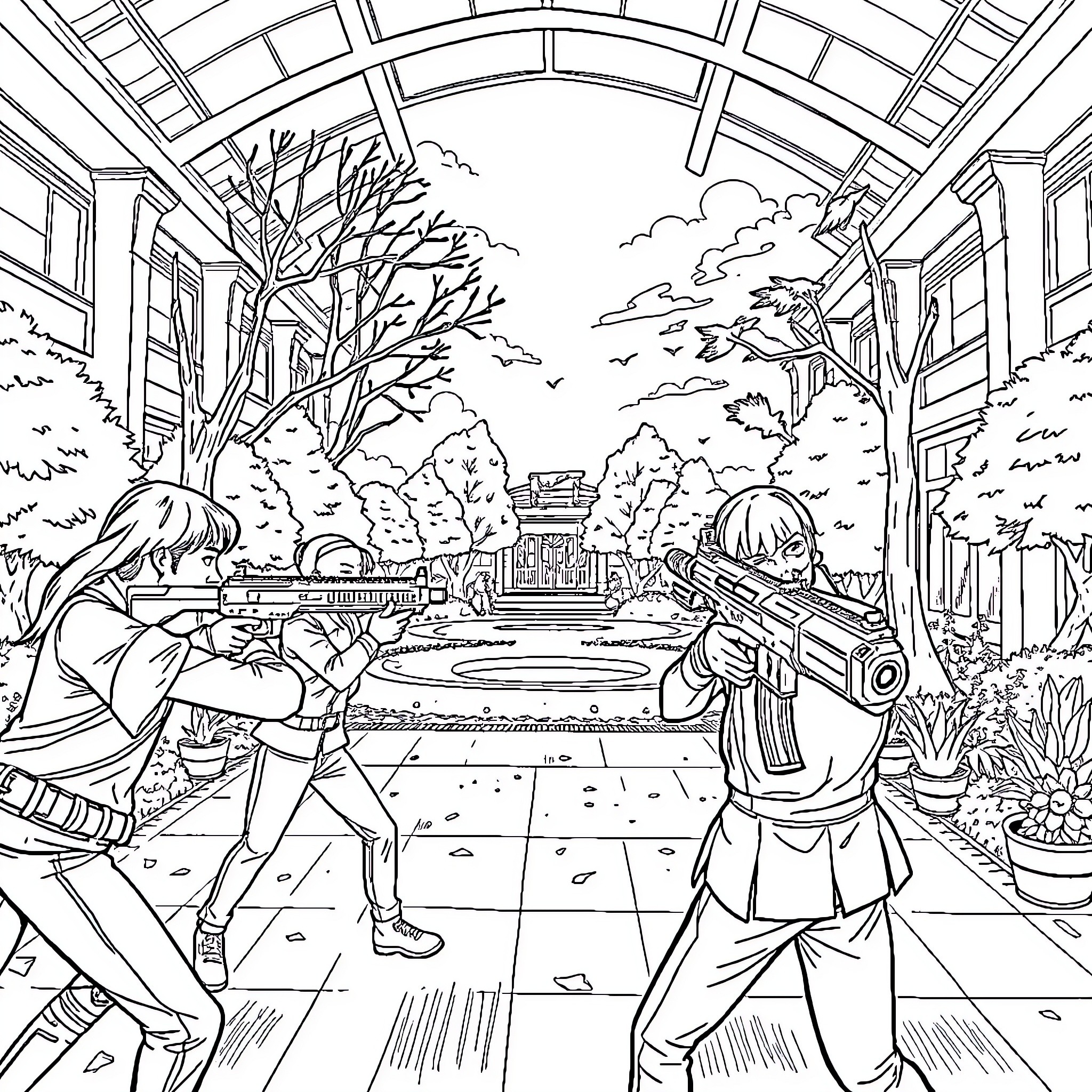 Nerf battle in a traditional Japanese garden Coloring Page (free black-and-white line drawing printable PDF for all, from beginners to advanced learners, including children, teens, adults, and seniors)