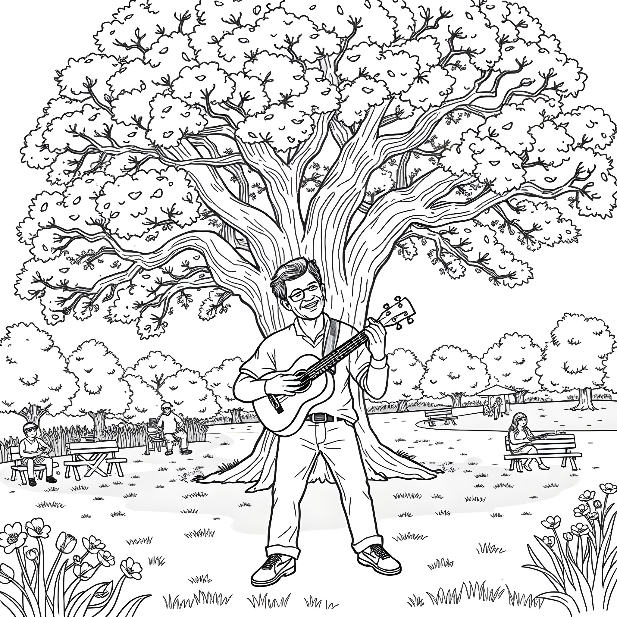 Jimmy Clark playing guitar under a large tree Coloring Page (free black-and-white line drawing printable PDF for all, from beginners to advanced learners, including children, teens, adults, and seniors)