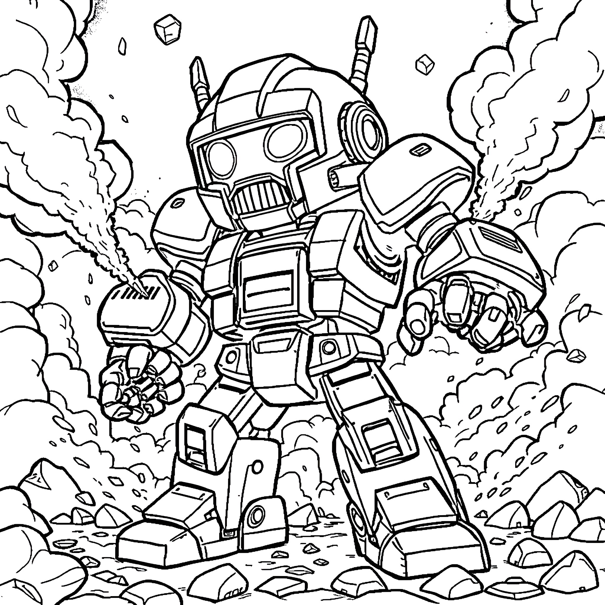 Robot Warrior in Explosive Battlefield Coloring Page (free black-and-white line drawing printable PDF for all, from beginners to advanced learners, including children, teens, adults, and seniors)