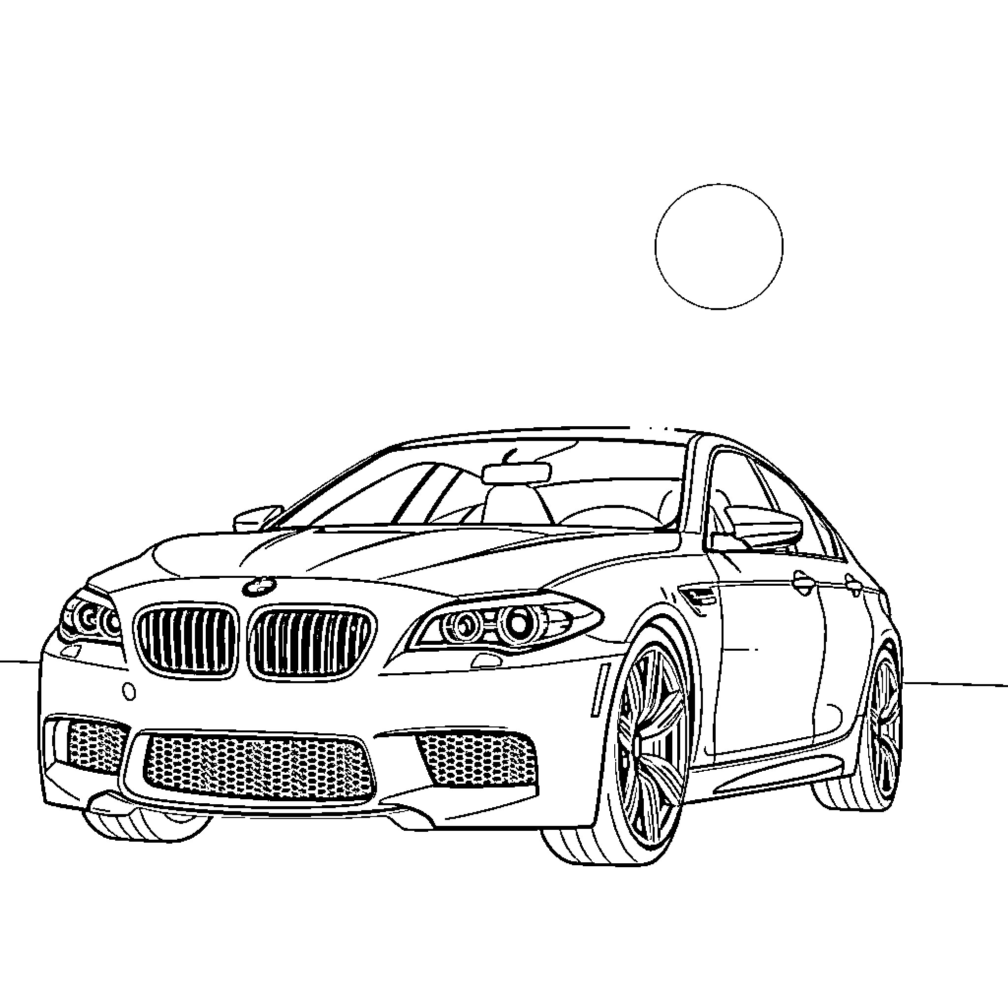BMW luxury sports car on the road Coloring Page (free black-and-white line drawing printable PDF for all, from beginners to advanced learners, including children, teens, adults, and seniors)
