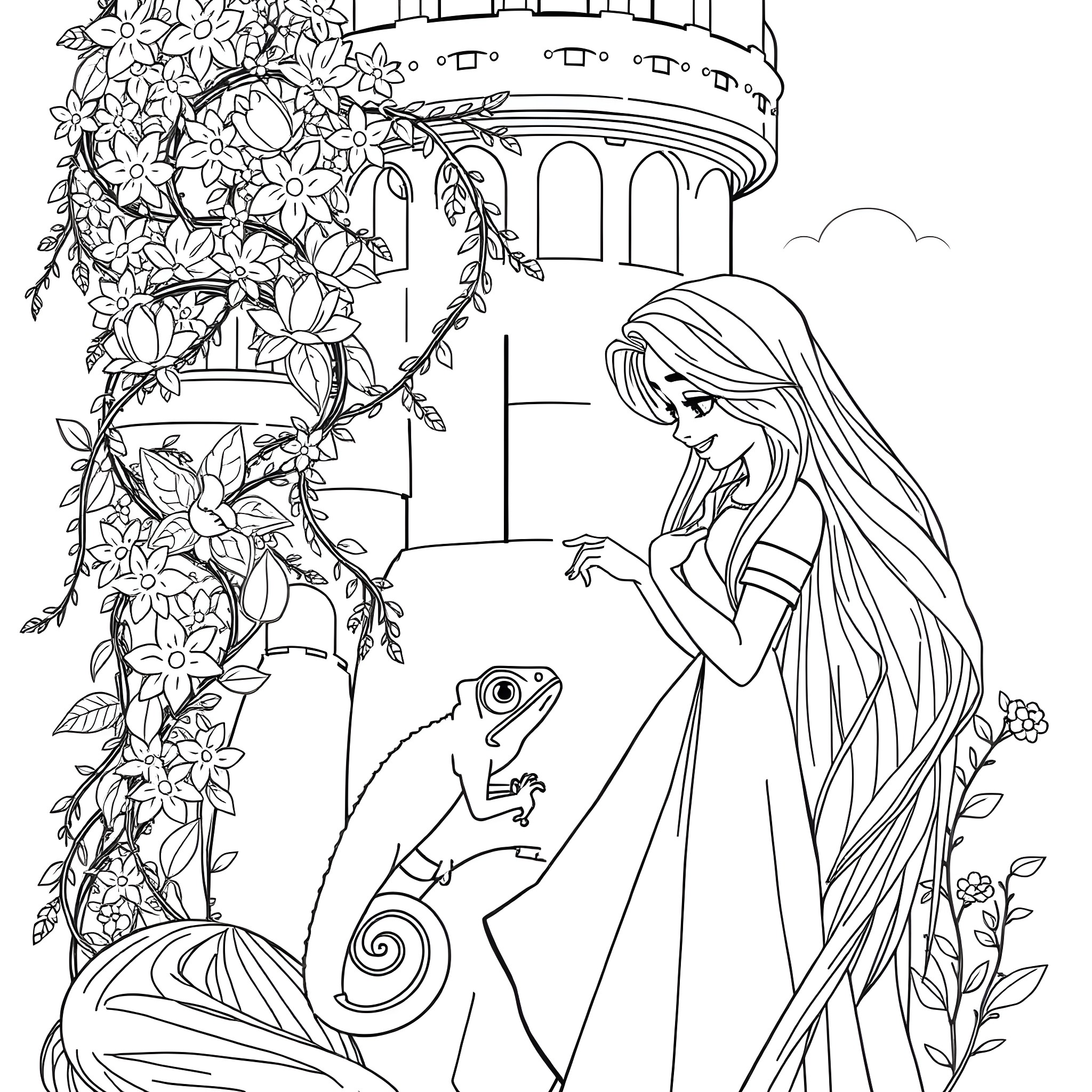 Pascal's Enchanting Encounter with a Chameleon in the Blooming Castle Garden Coloring Page (free black-and-white line drawing printable PDF for all, from beginners to advanced learners, including children, teens, adults, and seniors)