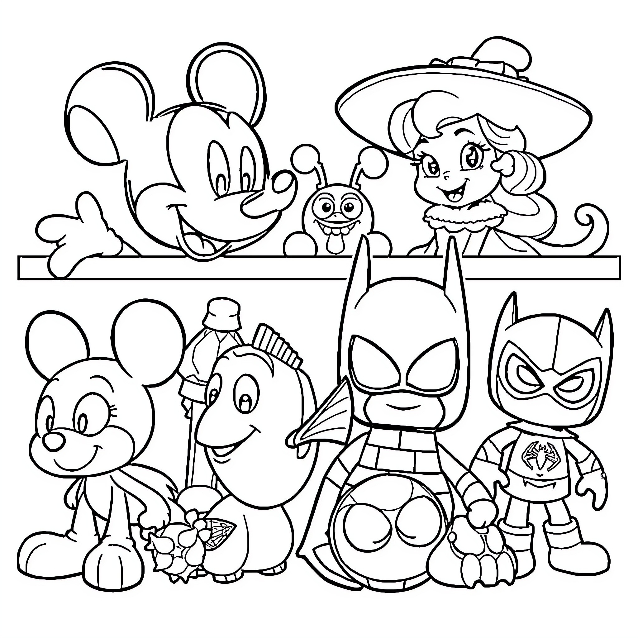 Character Cartoon Figures in Various Poses Coloring Page (free black-and-white line drawing printable PDF for all, from beginners to advanced learners, including children, teens, adults, and seniors)