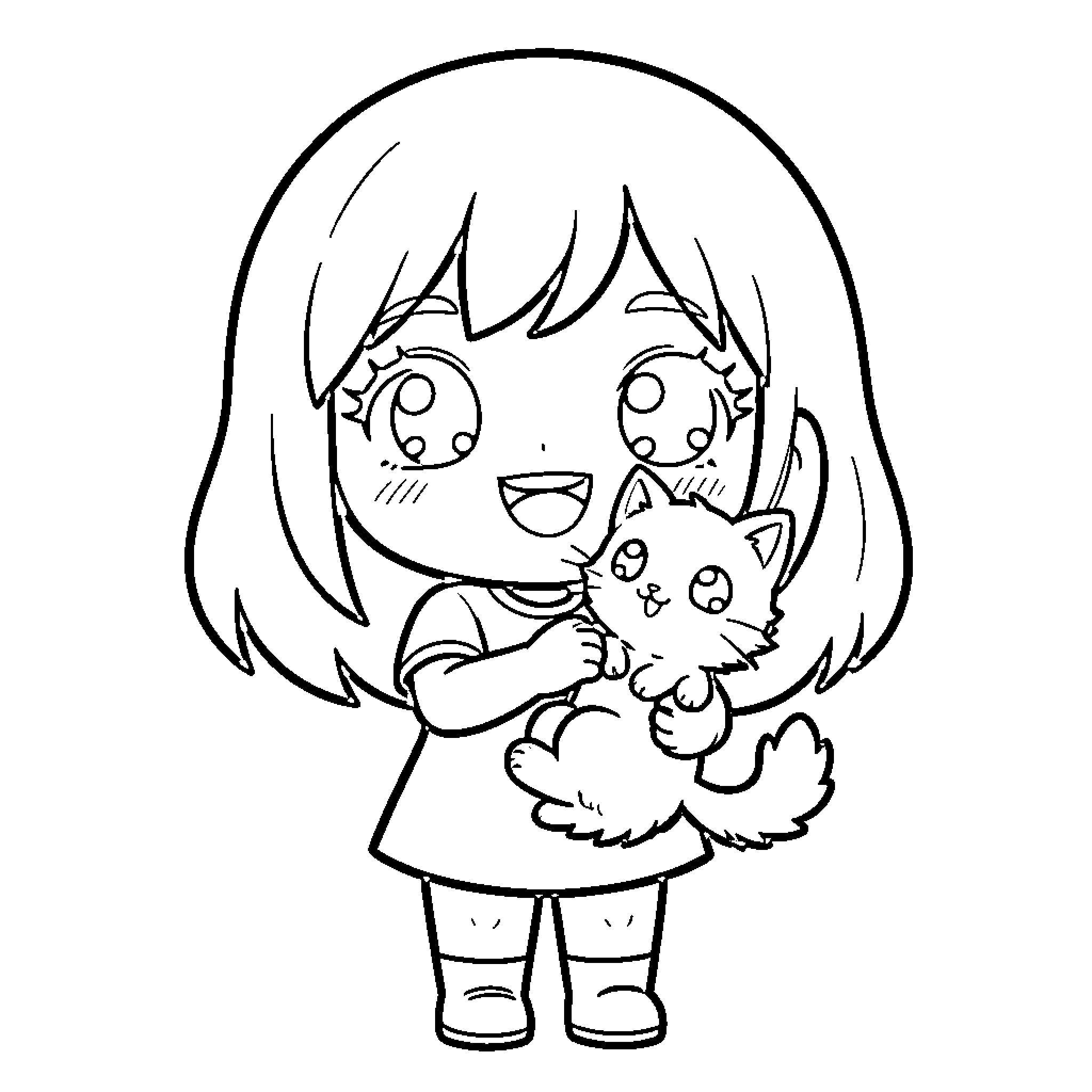 Chibi girl happily hugging a cute kitten Coloring Page (free black-and-white line drawing printable PDF for all, from beginners to advanced learners, including children, teens, adults, and seniors)