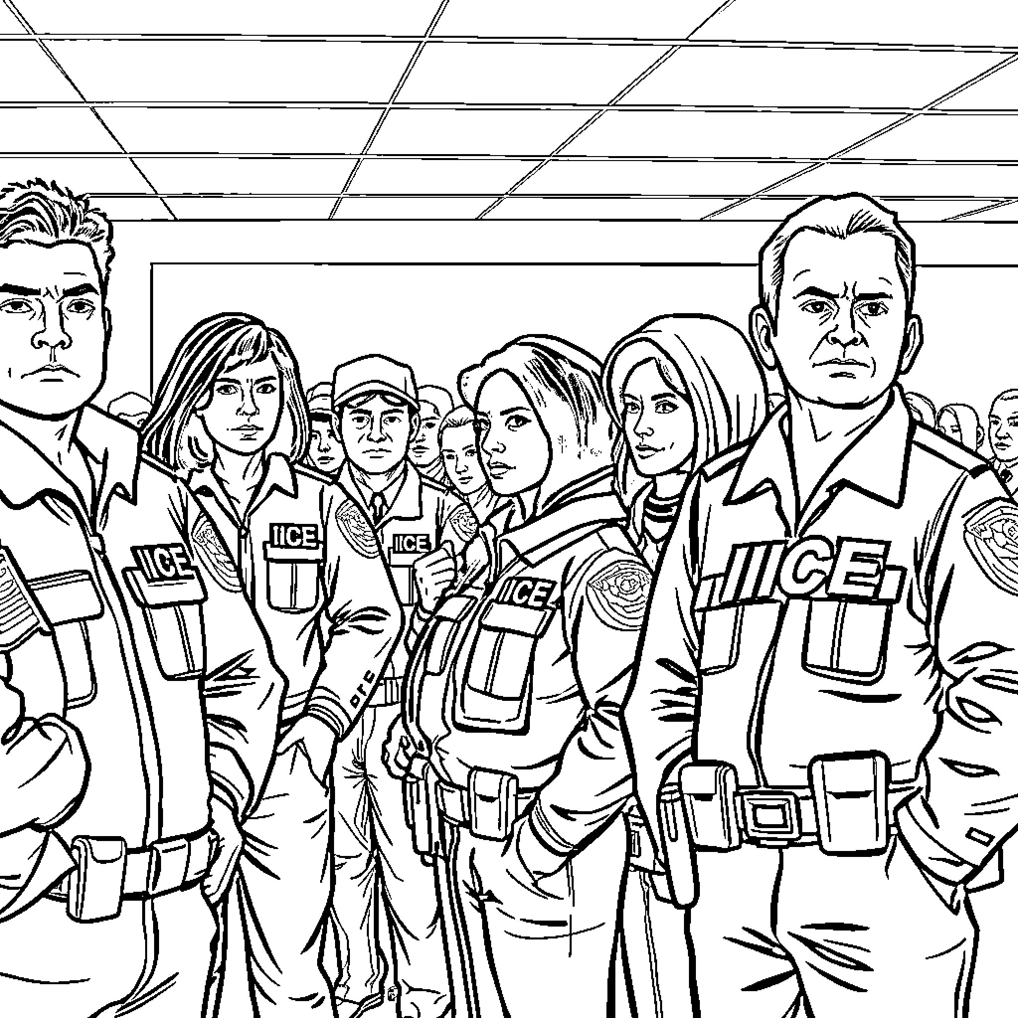Ice Agent: Team of Law Enforcement Officers in Action Coloring Page (free black-and-white line drawing printable PDF for all, from beginners to advanced learners, including children, teens, adults, and seniors)