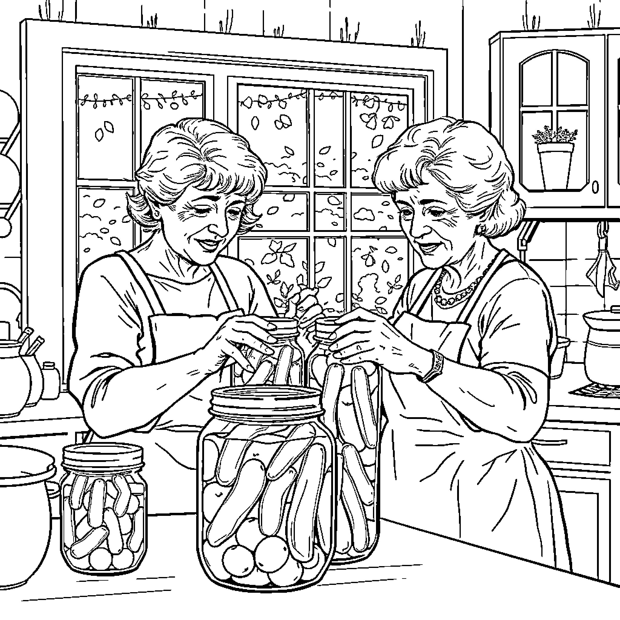 Women canning food together in a kitchen Coloring Page (free black-and-white line drawing printable PDF for all, from beginners to advanced learners, including children, teens, adults, and seniors)