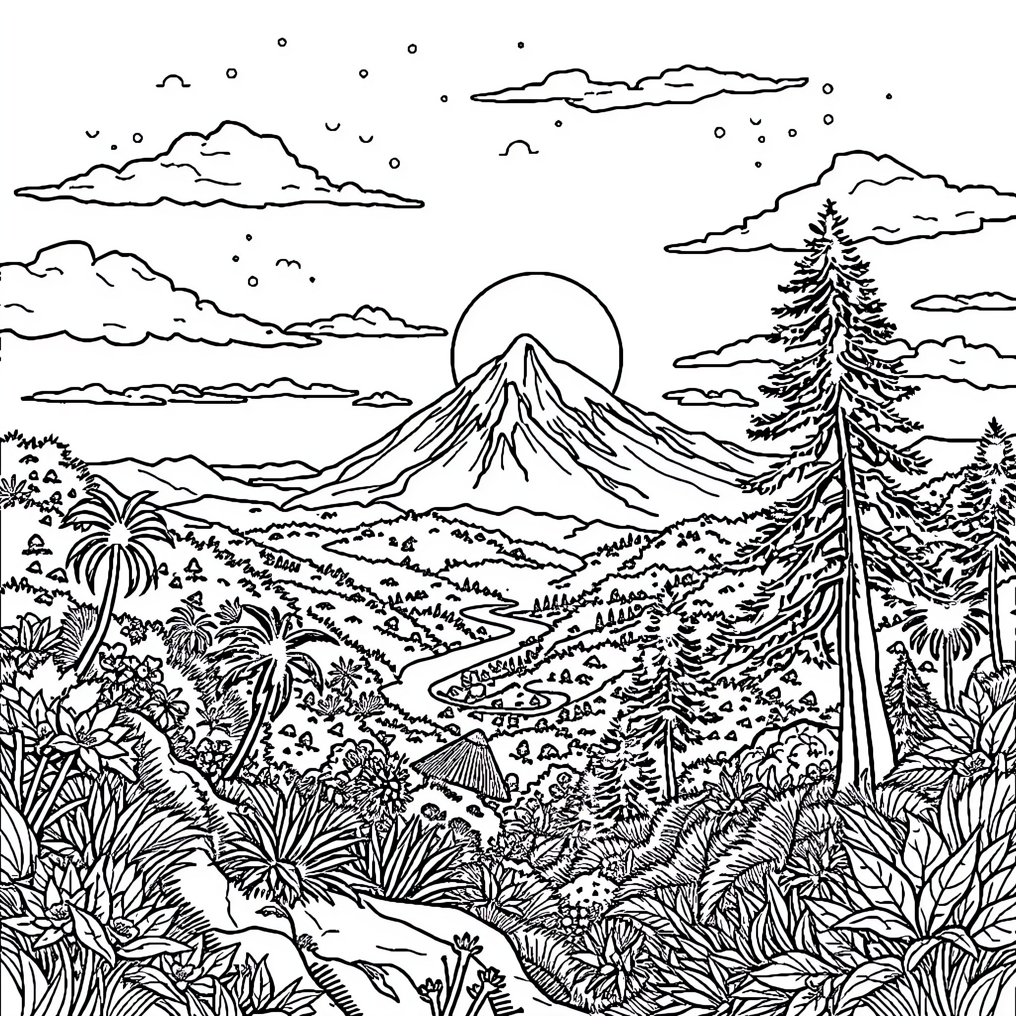 Landscape of a mountain, forest, and starry sky Coloring Page (free black-and-white line drawing printable PDF for all, from beginners to advanced learners, including children, teens, adults, and seniors)