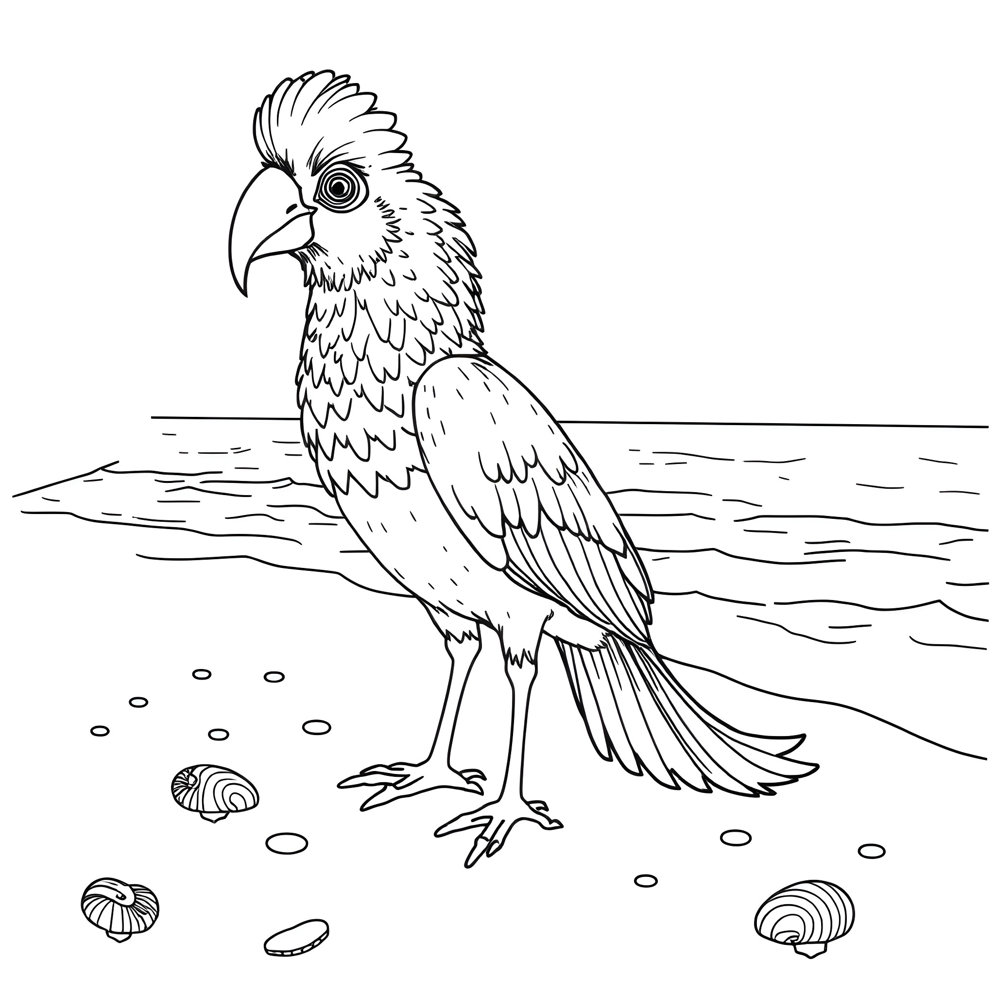 Tapucoco: Parrot on the beach Coloring Page (free black-and-white line drawing printable PDF for all, from beginners to advanced learners, including children, teens, adults, and seniors)
