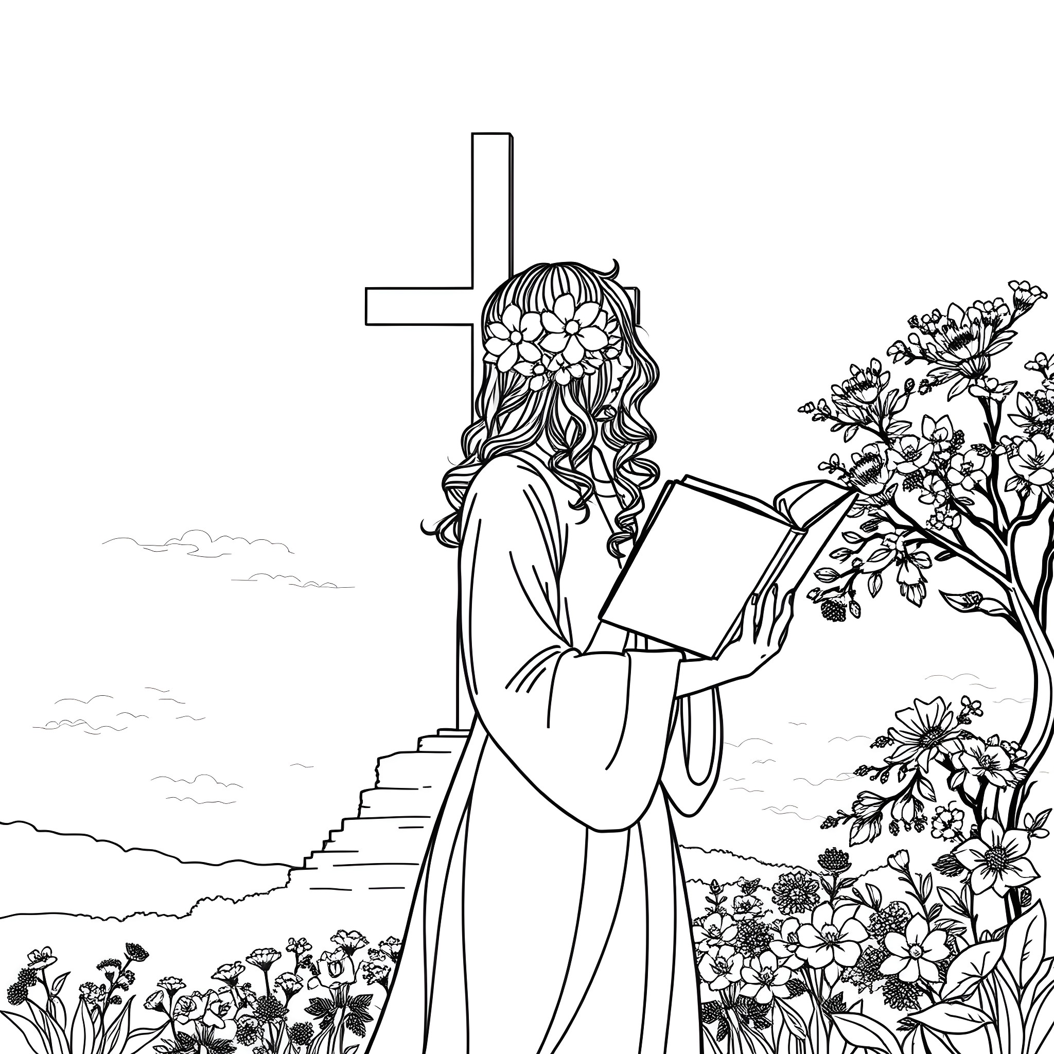 Woman standing before a cross and holding a book Coloring Page (free black-and-white line drawing printable PDF for all, from beginners to advanced learners, including children, teens, adults, and seniors)