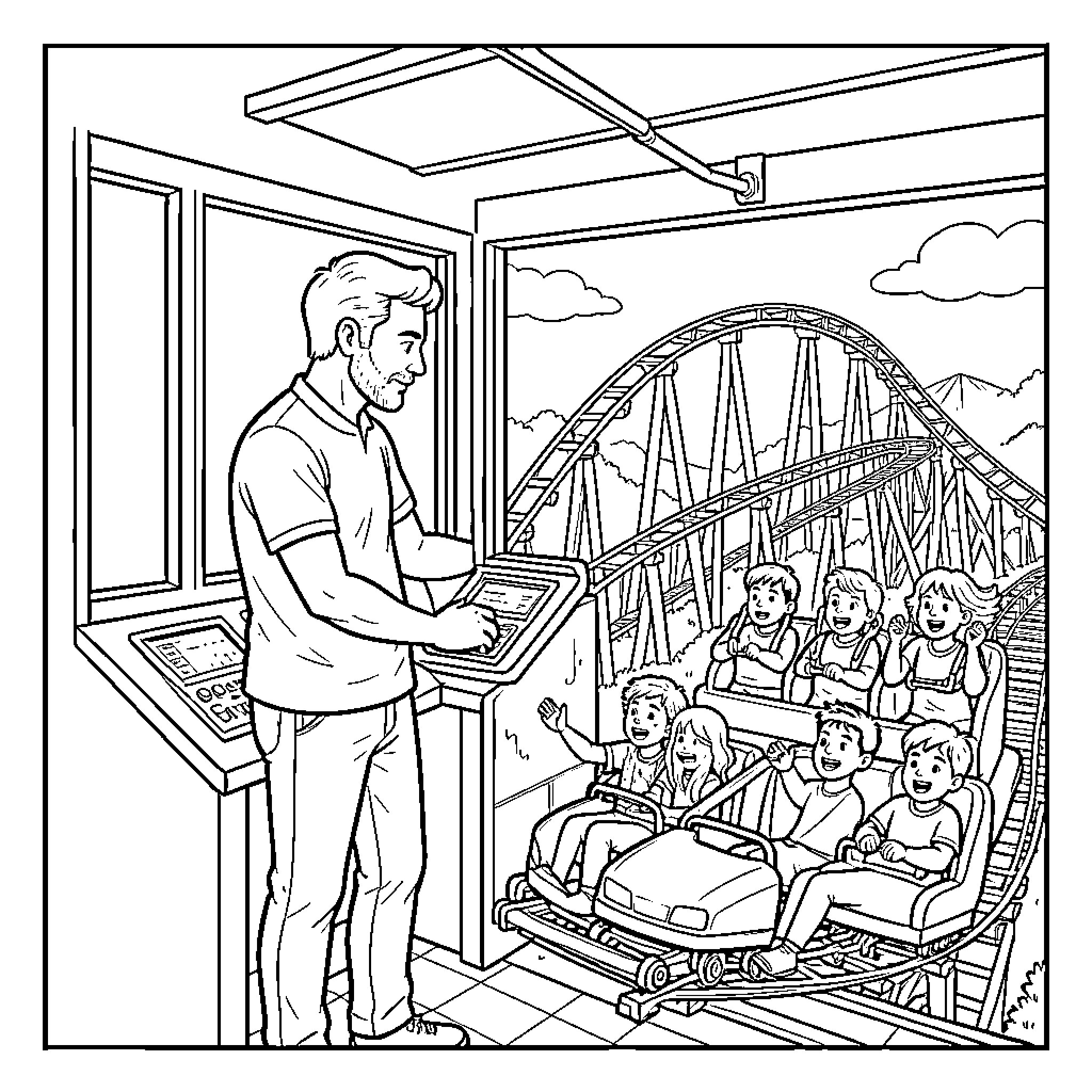 Man operating controls for a roller coaster ride Coloring Page (free black-and-white line drawing printable PDF for all, from beginners to advanced learners, including children, teens, adults, and seniors)