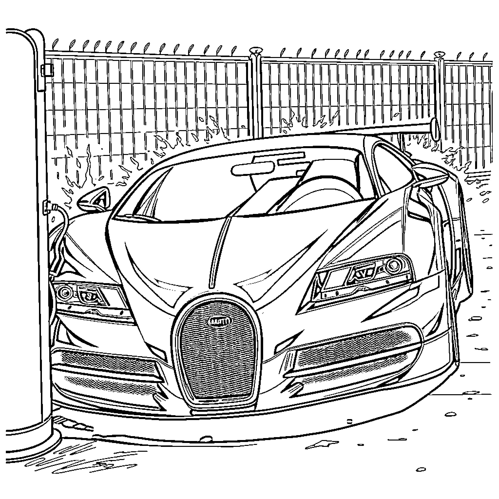 Bugatti sports car in urban setting Coloring Page (free black-and-white line drawing printable PDF for all, from beginners to advanced learners, including children, teens, adults, and seniors)