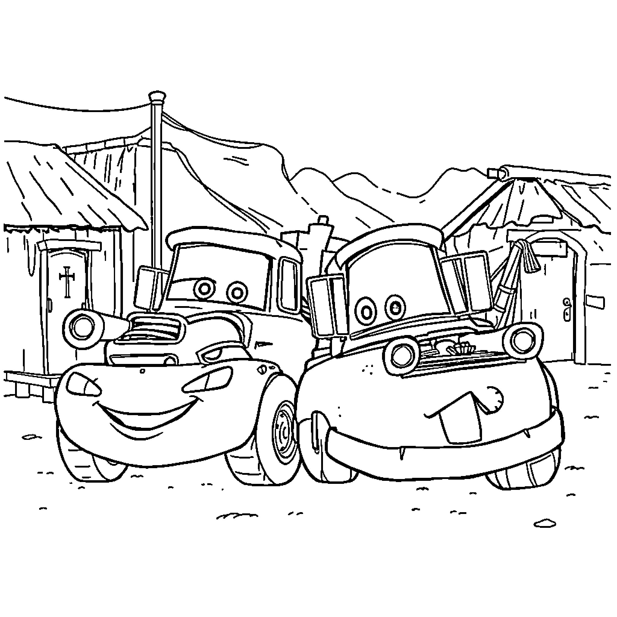Lightning McQueen and his friends in an adventure scene Coloring Page (free black-and-white line drawing printable PDF for all, from beginners to advanced learners, including children, teens, adults, and seniors)