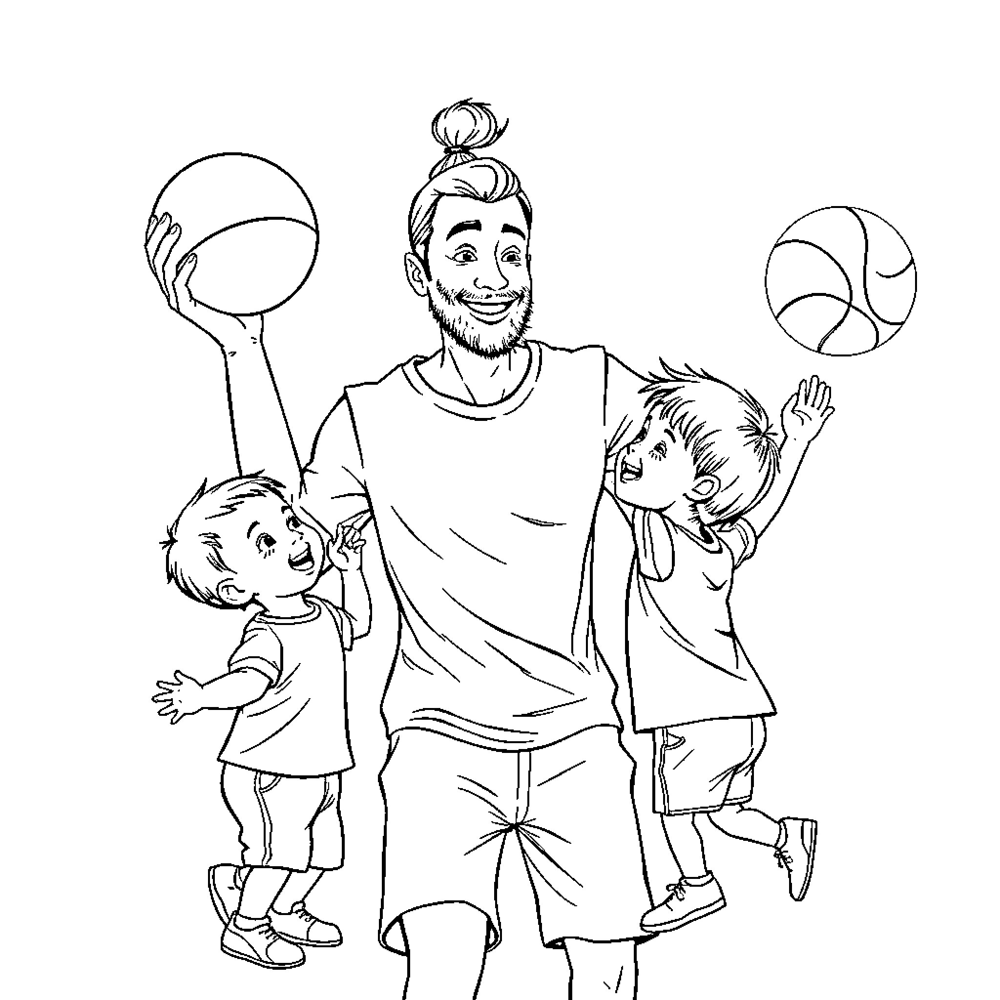 Father playing with children joyfully Coloring Page (free black-and-white line drawing printable PDF for all, from beginners to advanced learners, including children, teens, adults, and seniors)
