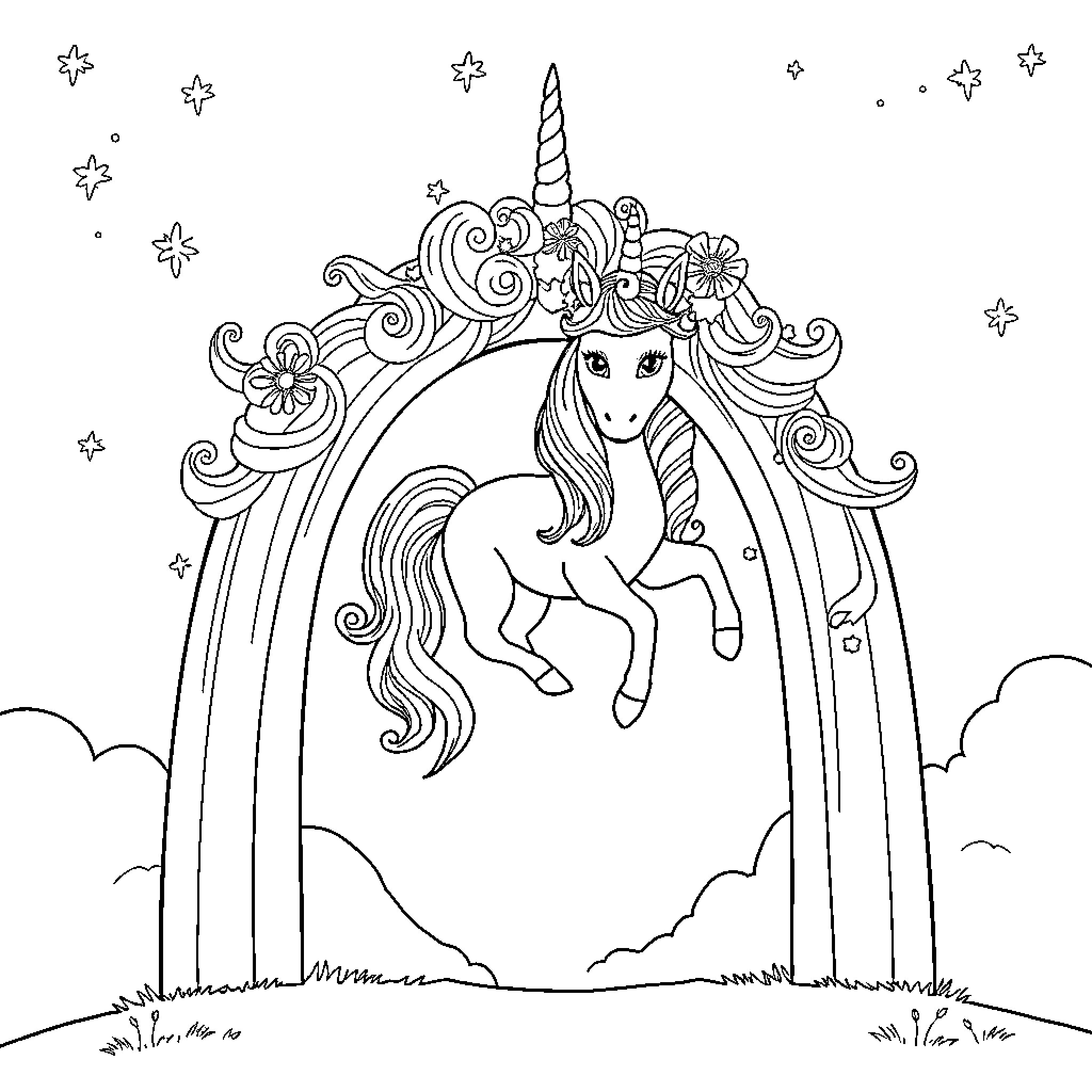 Unicorn Soaring Through Enchanted Landscape Coloring Page (free black-and-white line drawing printable PDF for all, from beginners to advanced learners, including children, teens, adults, and seniors)