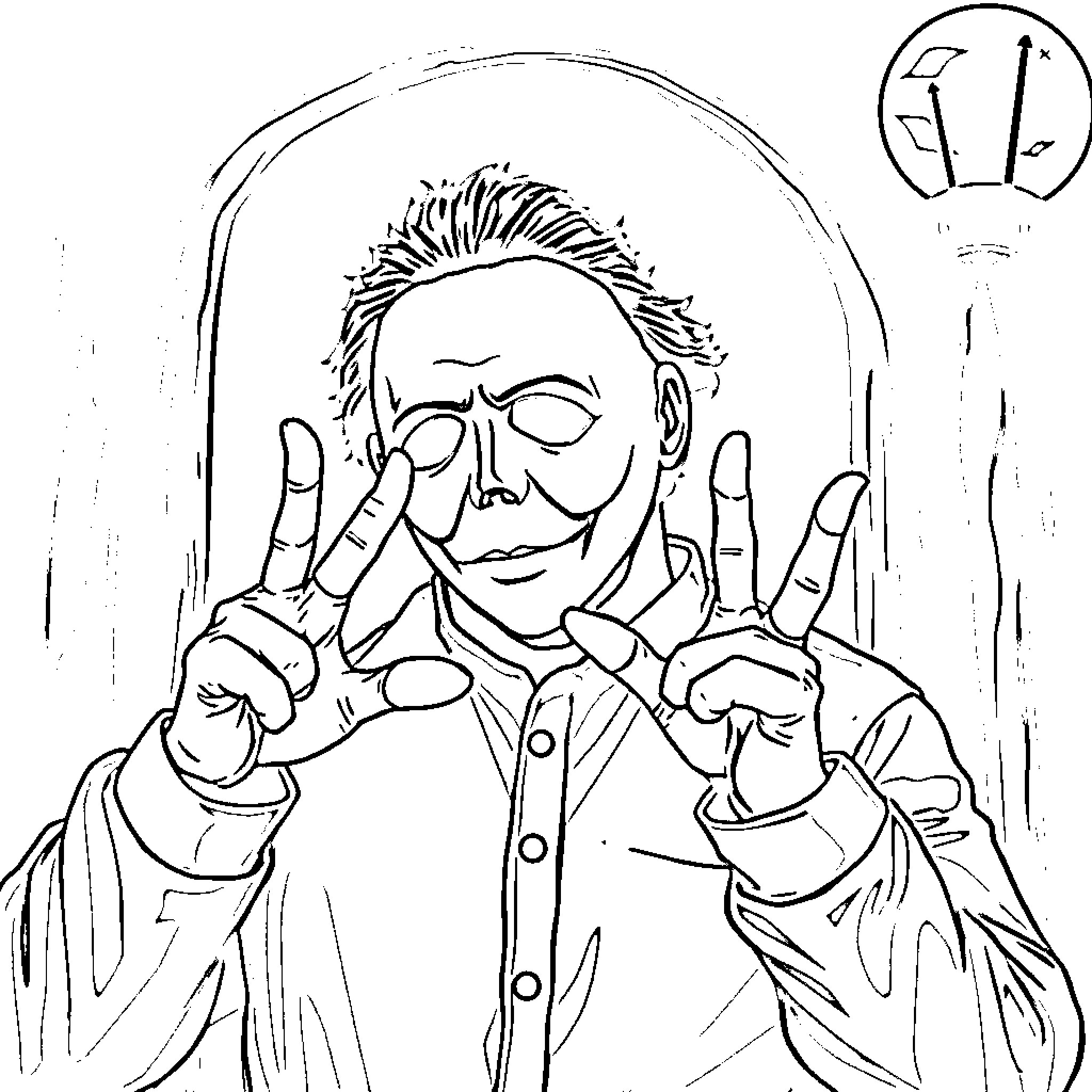 Michael Myers making a sinister gesture Coloring Page (free black-and-white line drawing printable PDF for all, from beginners to advanced learners, including children, teens, adults, and seniors)