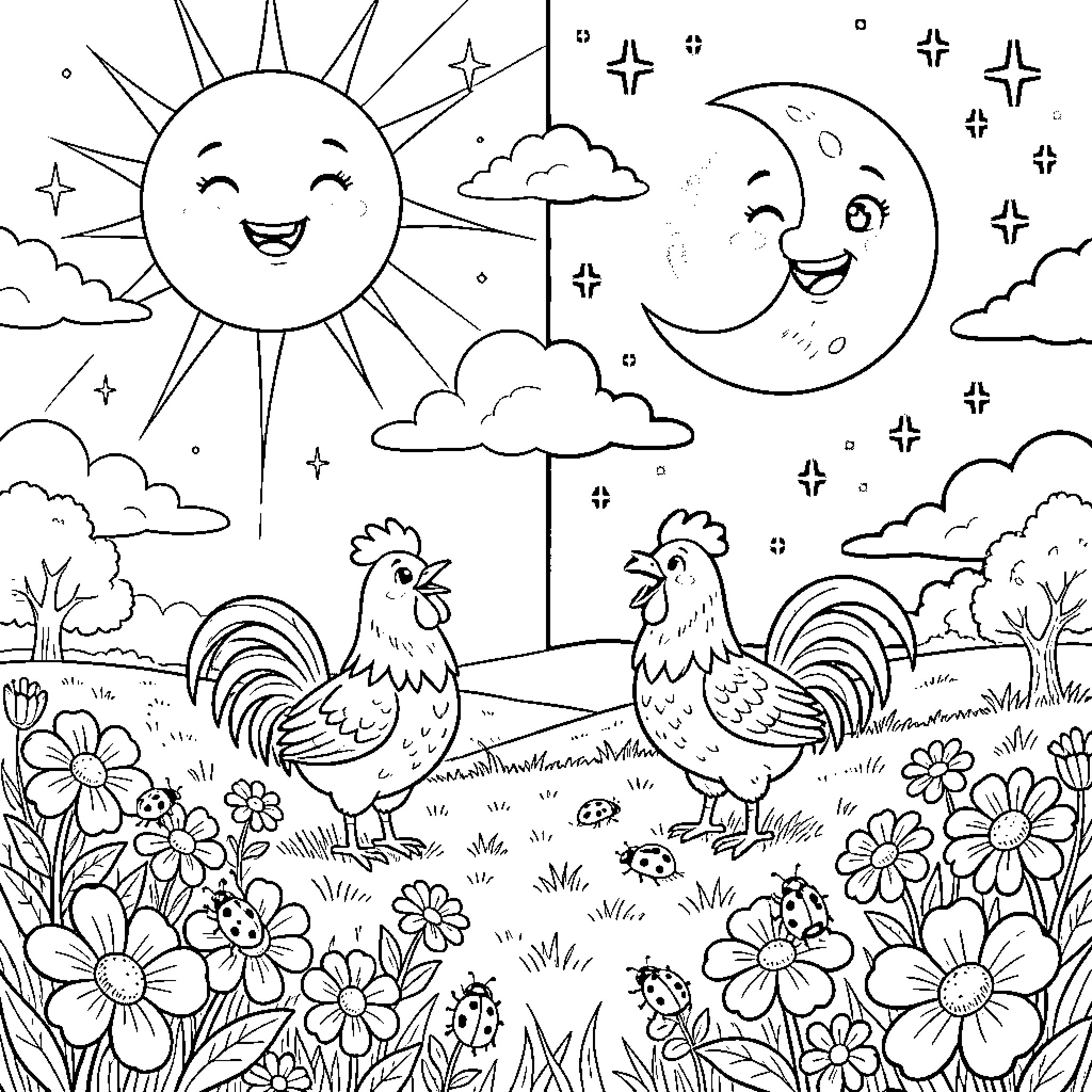 Landscape with Playful Roosters in Flowery Field Coloring Page (free black-and-white line drawing printable PDF for all, from beginners to advanced learners, including children, teens, adults, and seniors)