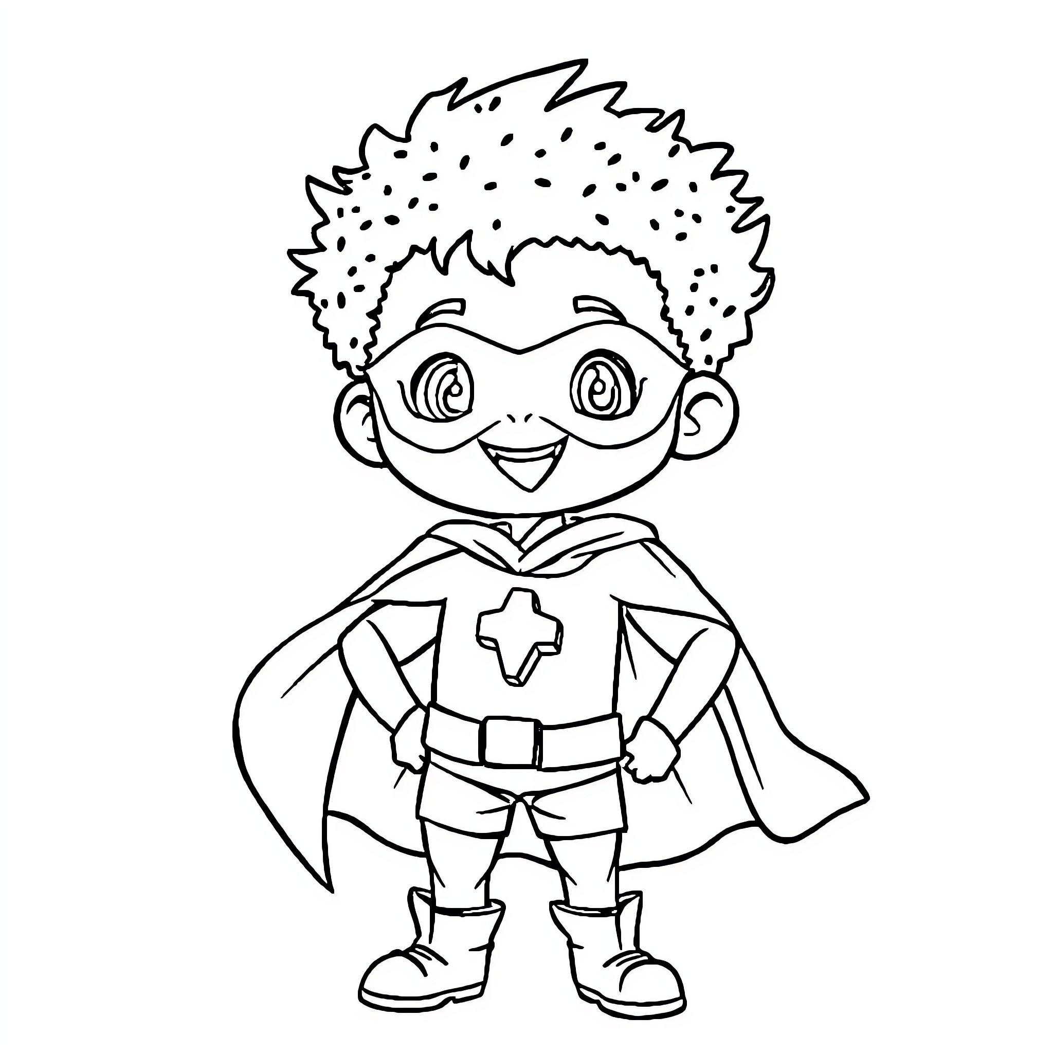 African Superhero Saves the Day with Enthusiasm Coloring Page (free black-and-white line drawing printable PDF for all, from beginners to advanced learners, including children, teens, adults, and seniors)