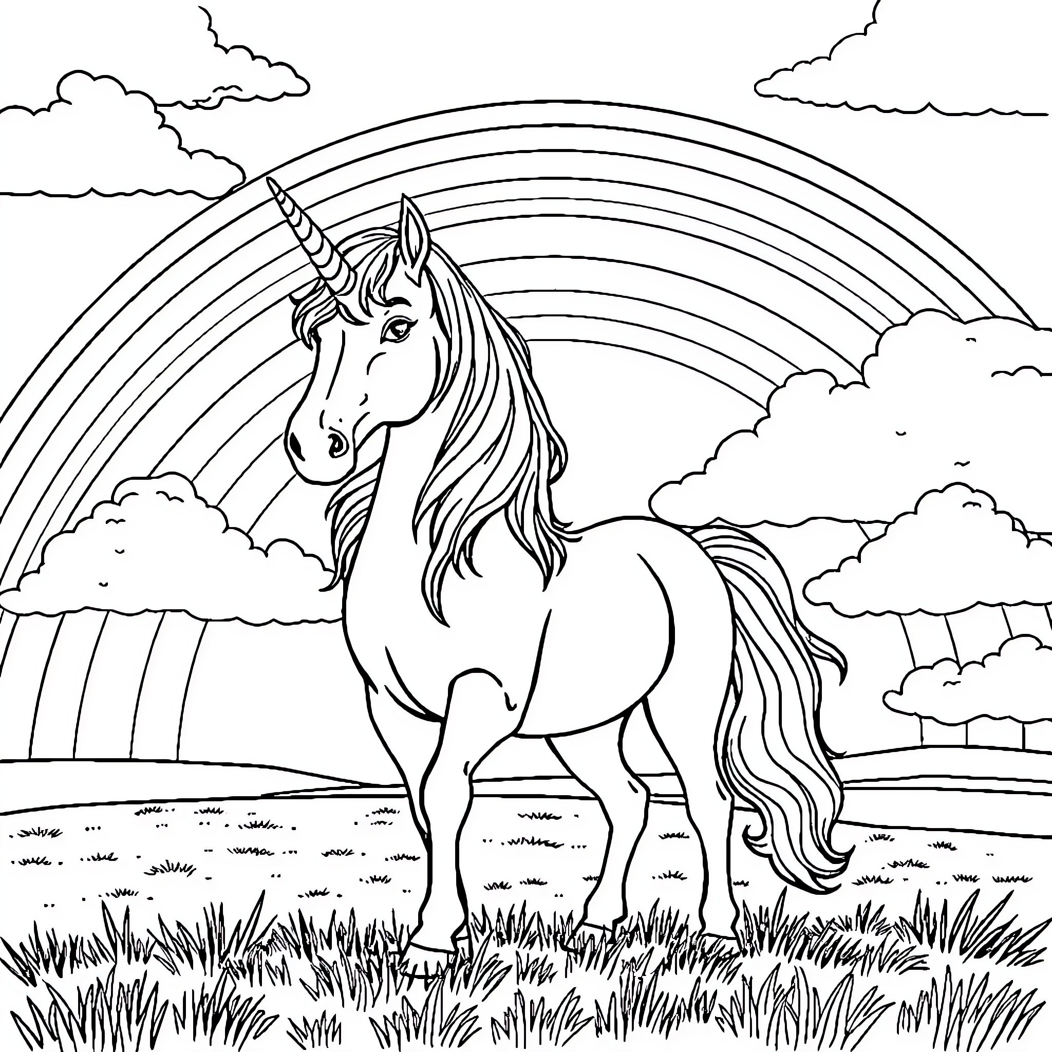 Unicorn standing proudly in a enchanting landscape Coloring Page (free black-and-white line drawing printable PDF for all, from beginners to advanced learners, including children, teens, adults, and seniors)