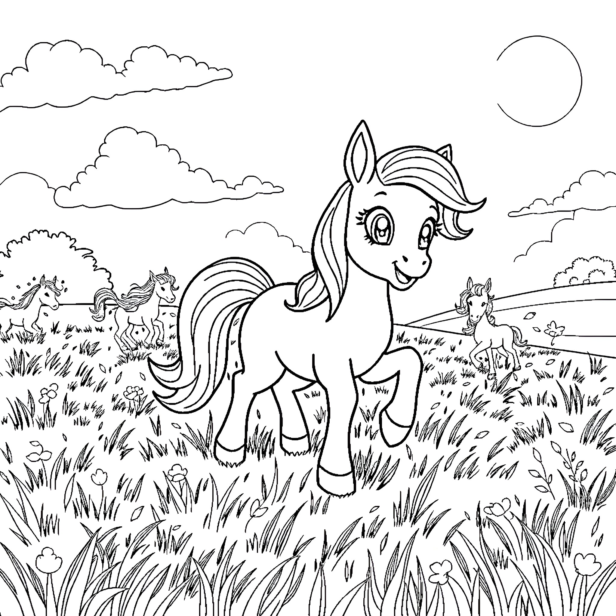 Apple Jack playing joyfully in a lush meadow Coloring Page (free black-and-white line drawing printable PDF for all, from beginners to advanced learners, including children, teens, adults, and seniors)