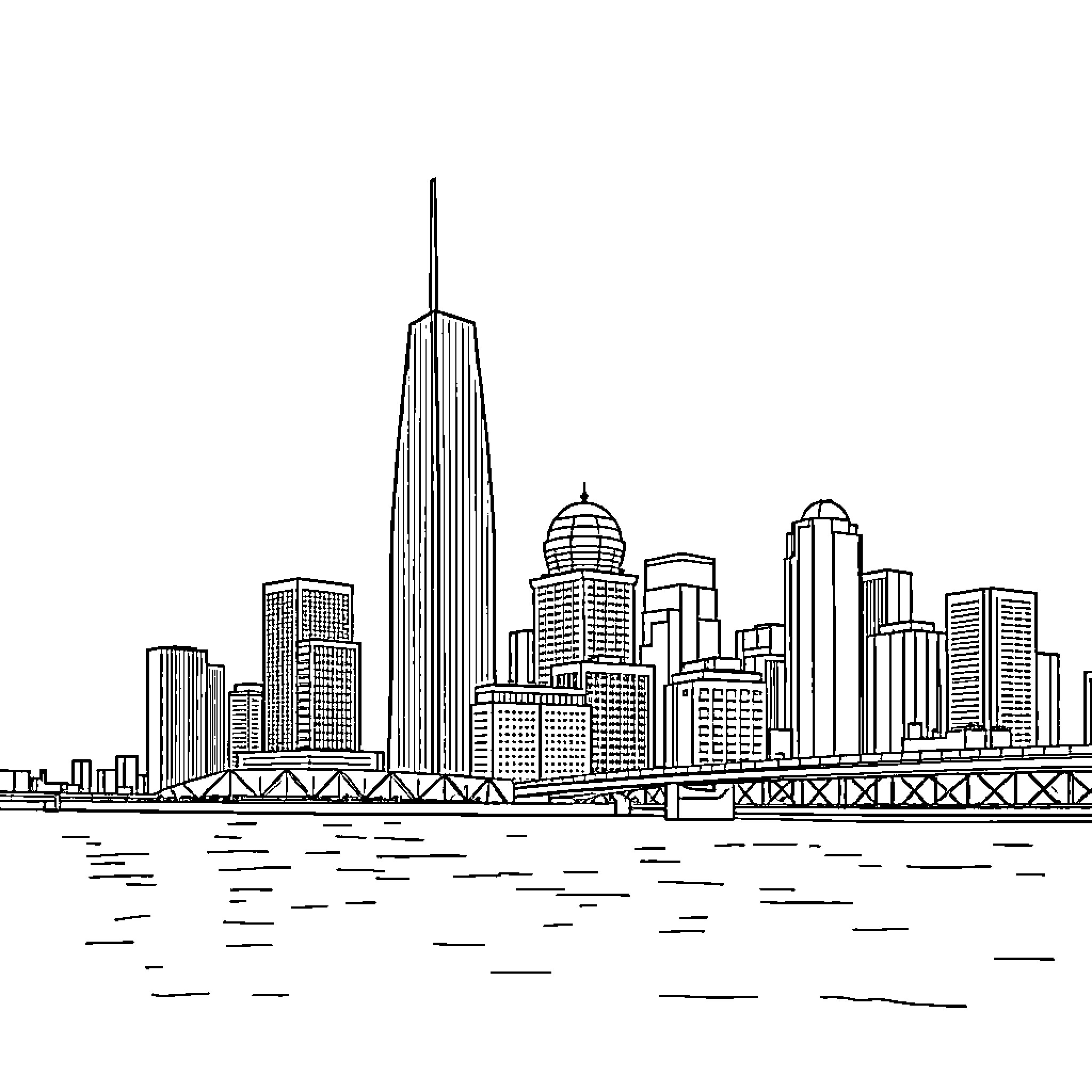Detroit cityscape with skyscrapers and bridges Coloring Page (free black-and-white line drawing printable PDF for all, from beginners to advanced learners, including children, teens, adults, and seniors)