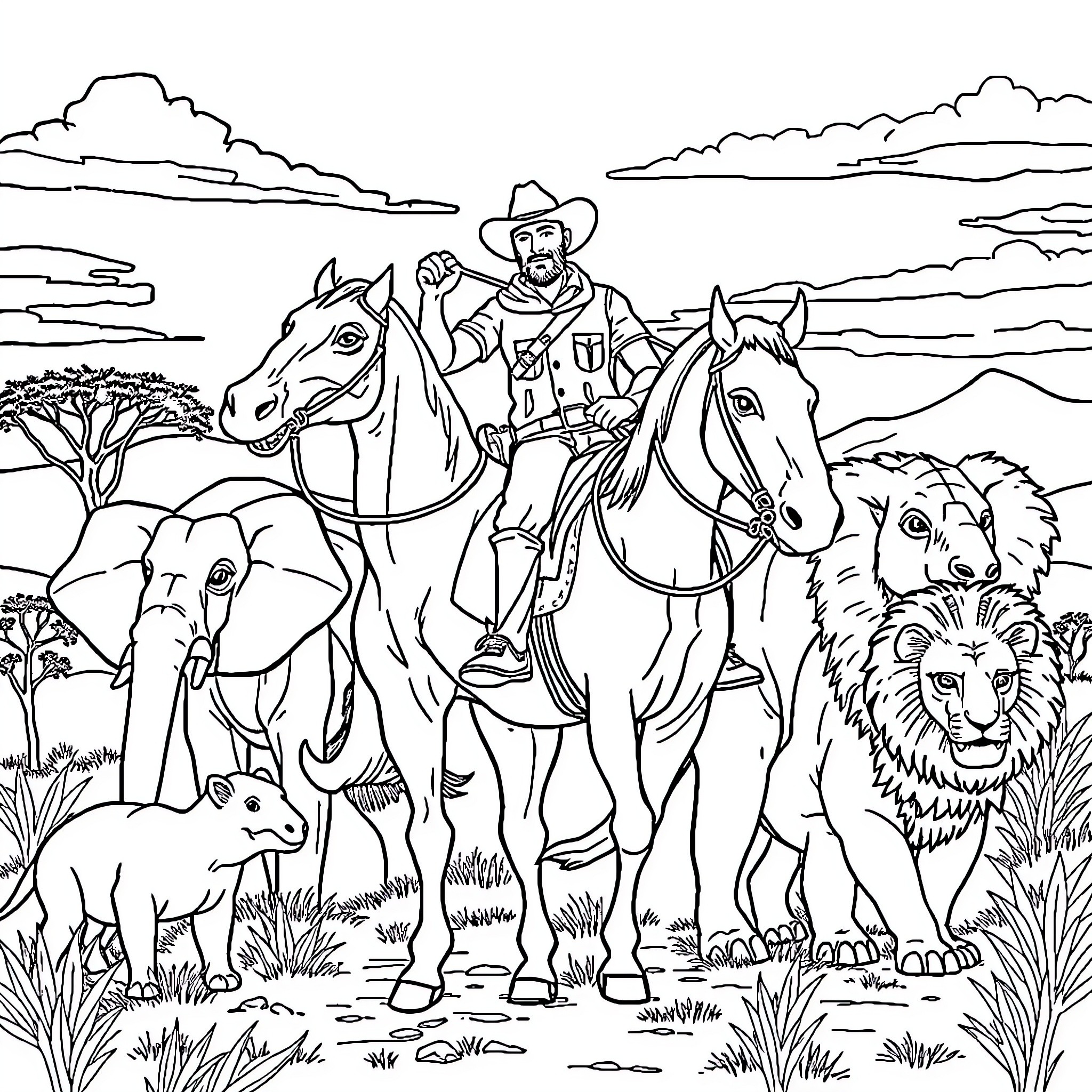 Cowboy on horseback with wild animals in the savanna Coloring Page (free black-and-white line drawing printable PDF for all, from beginners to advanced learners, including children, teens, adults, and seniors)