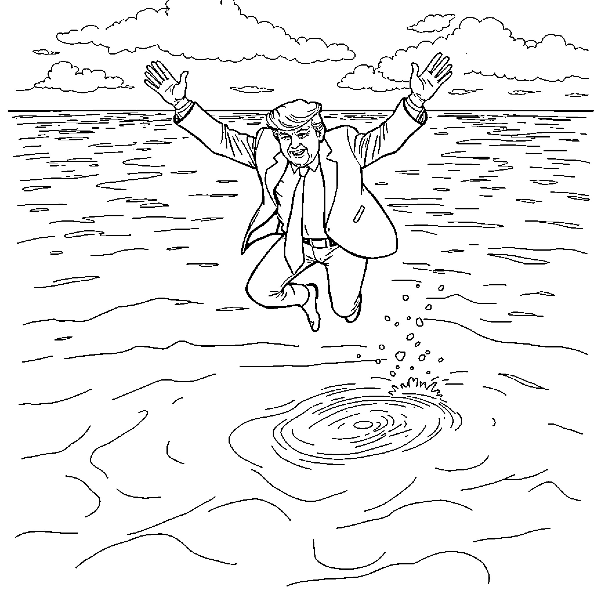 Trump falling excitedly into the water Coloring Page (free black-and-white line drawing printable PDF for all, from beginners to advanced learners, including children, teens, adults, and seniors)