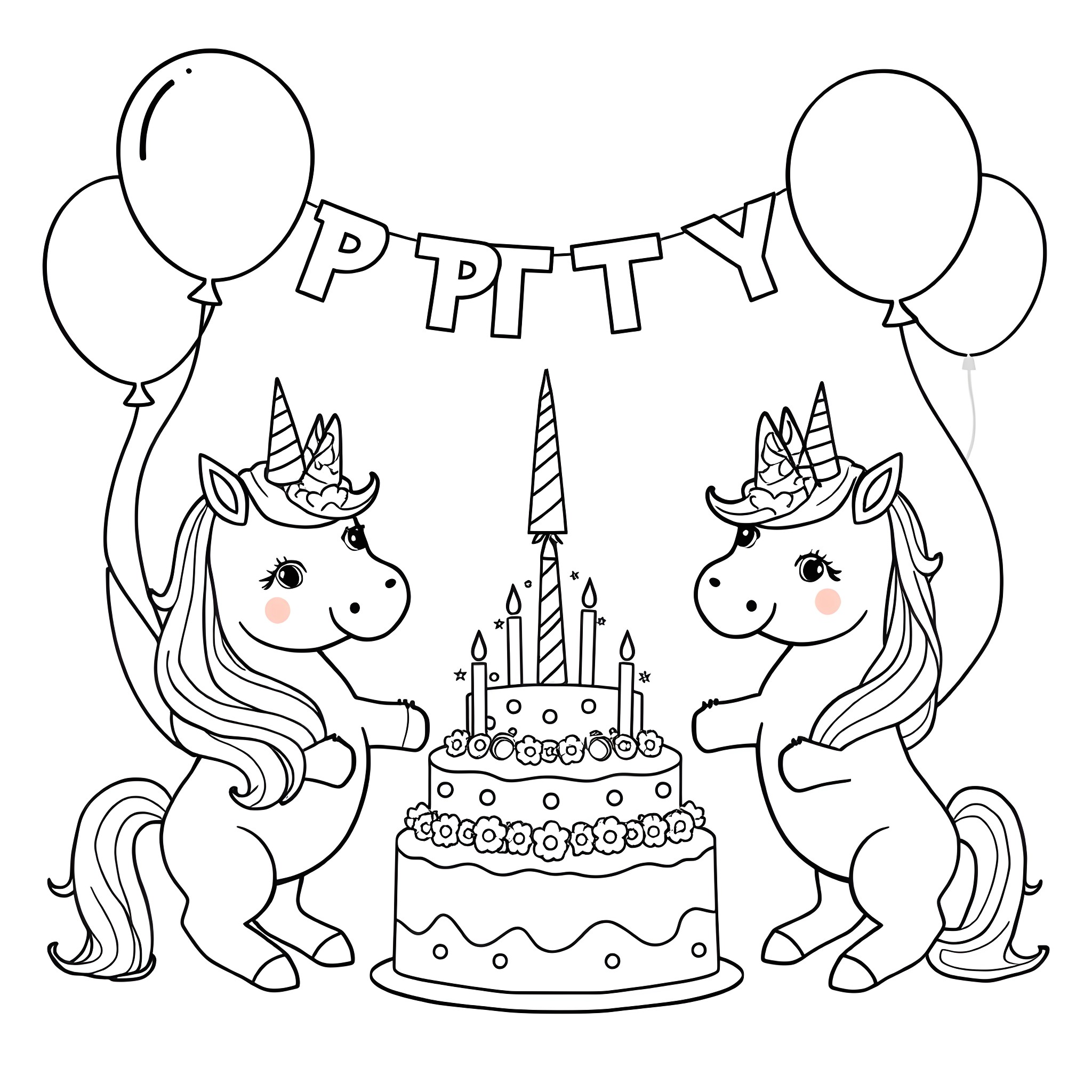 Unicorn celebration with a birthday cake and balloons Coloring Page (free black-and-white line drawing printable PDF for all, from beginners to advanced learners, including children, teens, adults, and seniors)