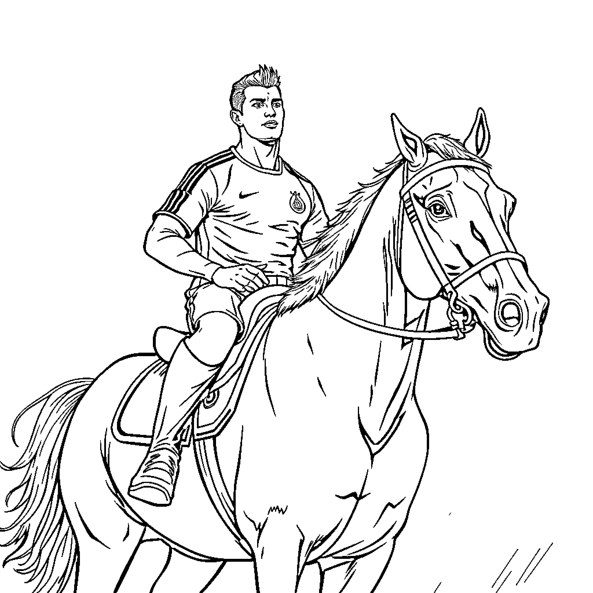 Ronaldo riding a noble steed in action Coloring Page (free black-and-white line drawing printable PDF for all, from beginners to advanced learners, including children, teens, adults, and seniors)