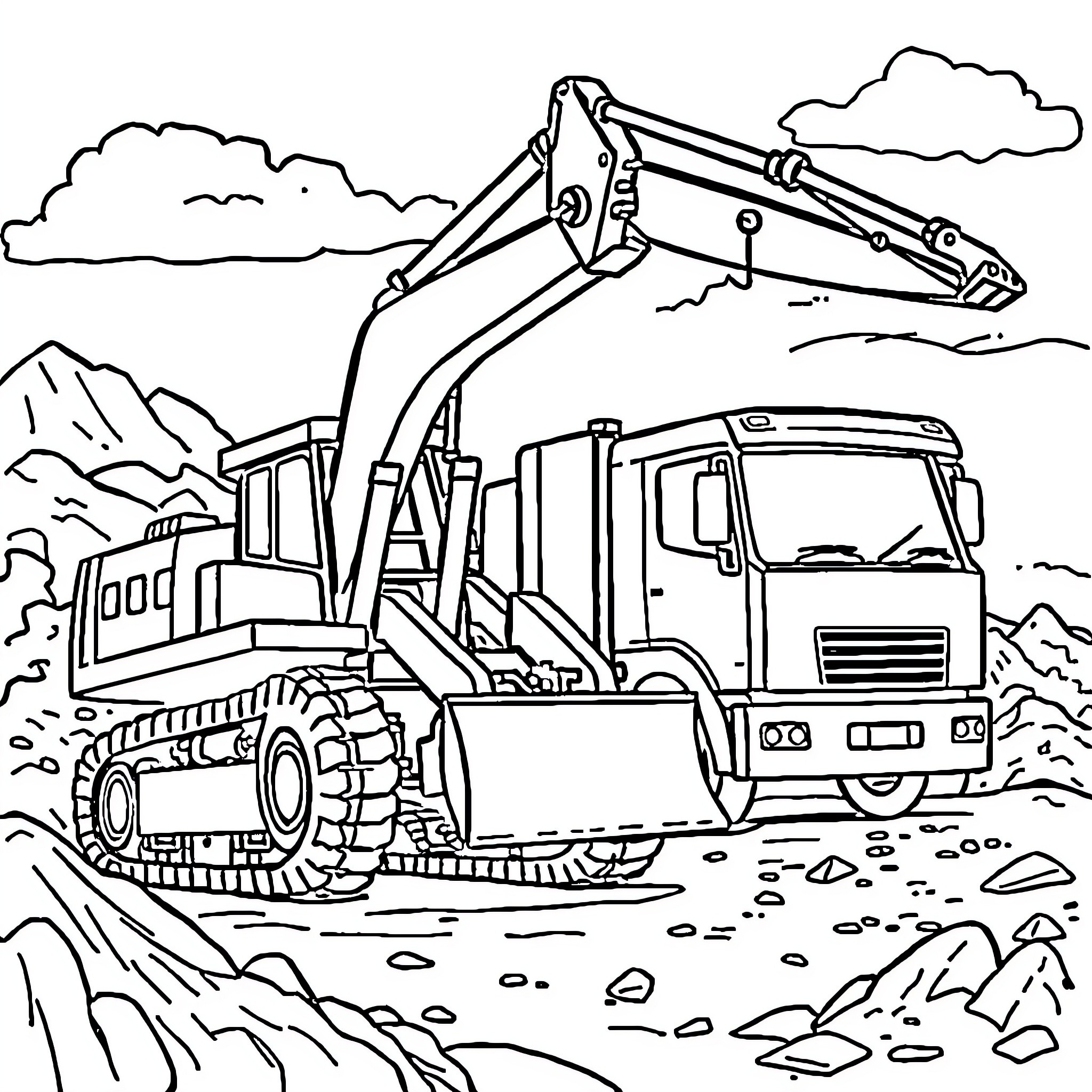 Excavator operating on rugged terrain Coloring Page (free black-and-white line drawing printable PDF for all, from beginners to advanced learners, including children, teens, adults, and seniors)