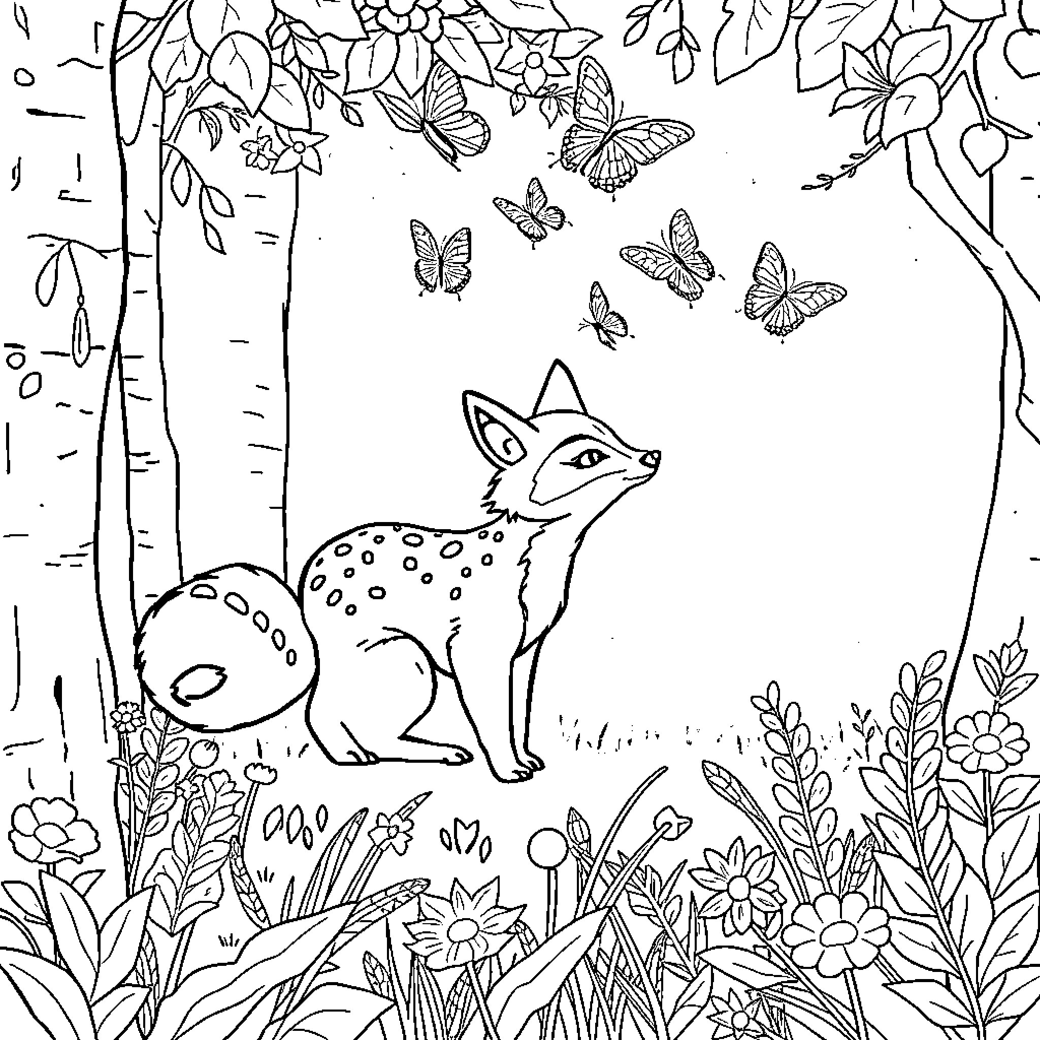 Renard exploring the enchanted forest with butterflies Coloring Page (free black-and-white line drawing printable PDF for all, from beginners to advanced learners, including children, teens, adults, and seniors)