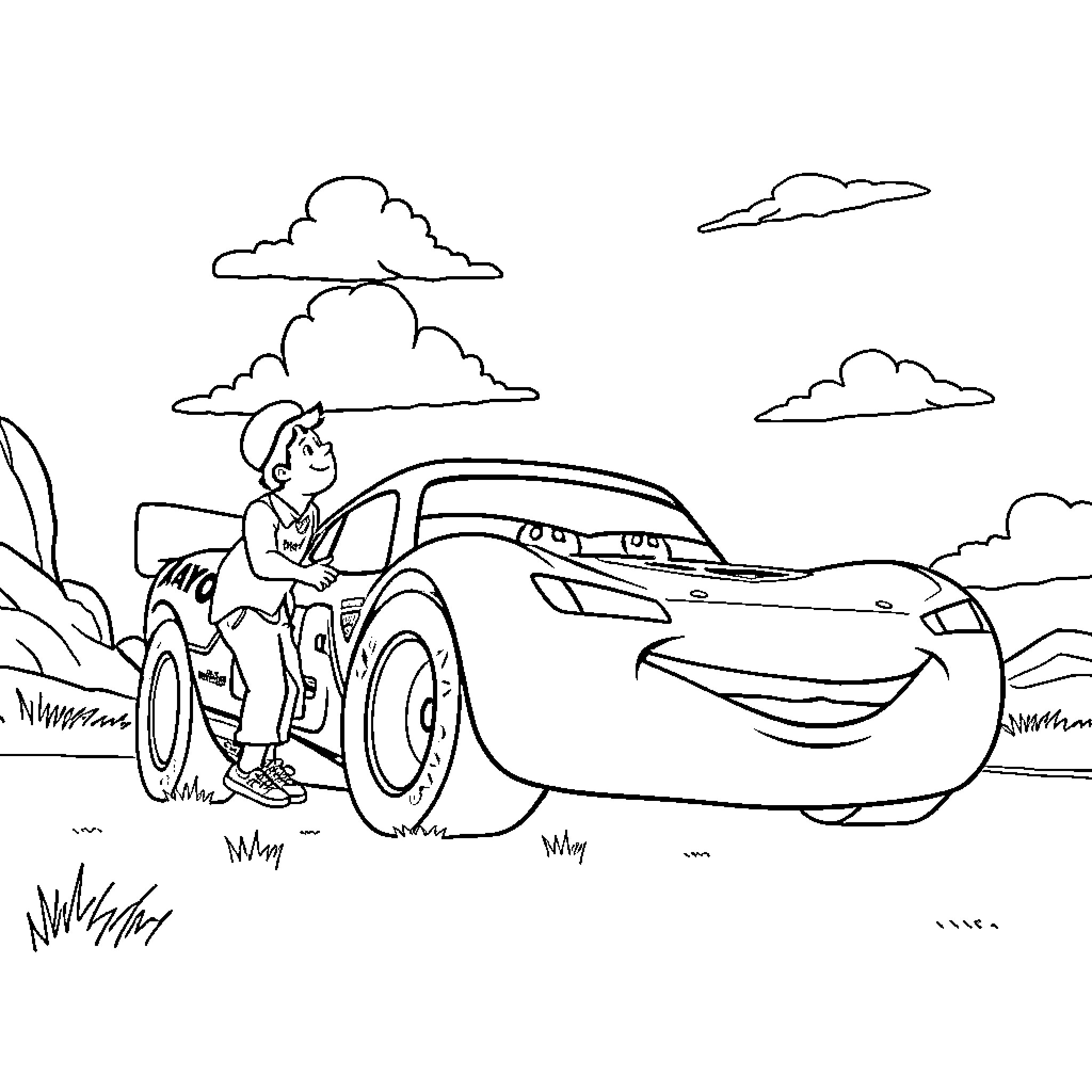 Rayo McQueen readies for an adventure on the open road Coloring Page (free black-and-white line drawing printable PDF for all, from beginners to advanced learners, including children, teens, adults, and seniors)