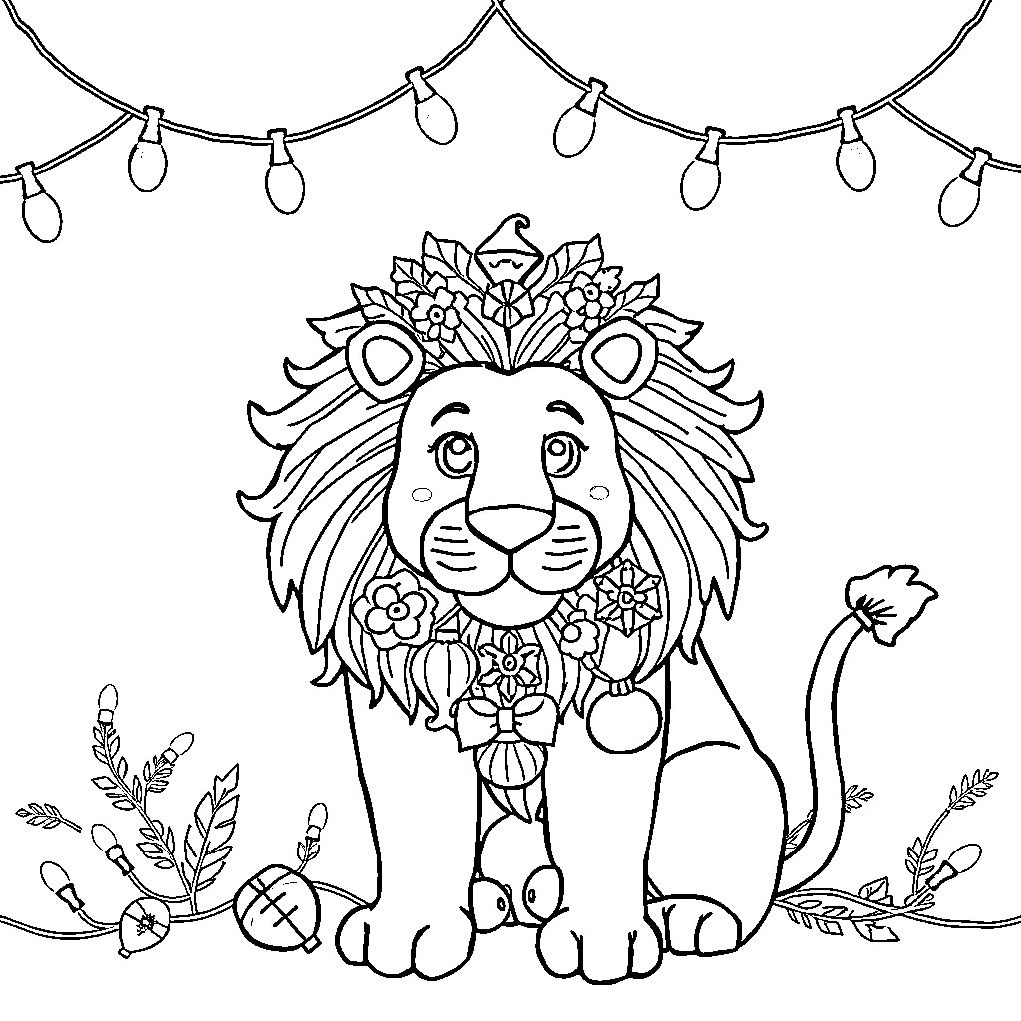 Lion adorned with floral crown and fairy lights Coloring Page (free black-and-white line drawing printable PDF for all, from beginners to advanced learners, including children, teens, adults, and seniors)
