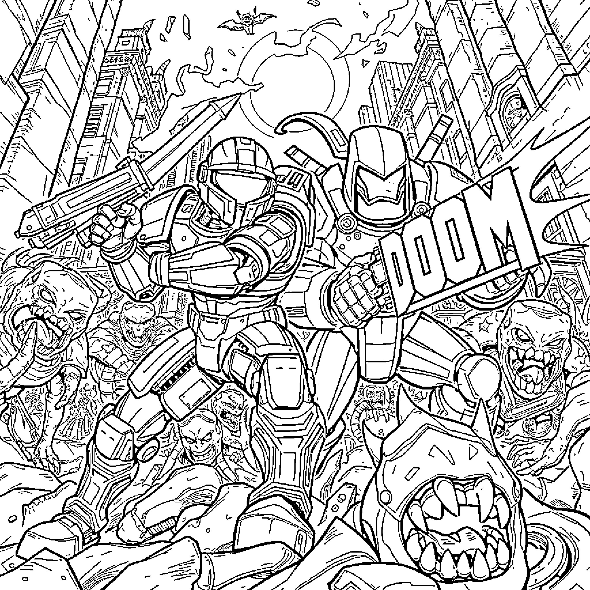 Master Chief's Heroic Battle in the Futuristic City Coloring Page (free black-and-white line drawing printable PDF for all, from beginners to advanced learners, including children, teens, adults, and seniors)