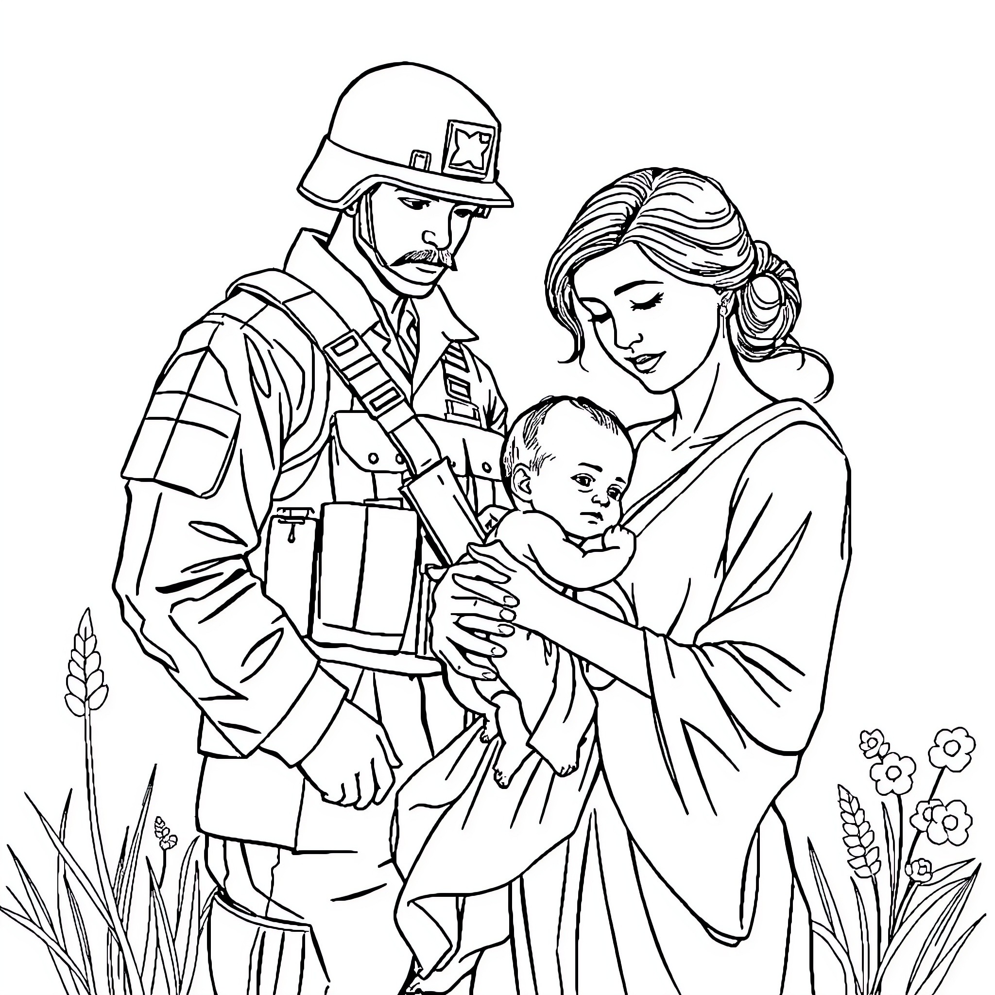 Soldier reunited with family at home Coloring Page (free black-and-white line drawing printable PDF for all, from beginners to advanced learners, including children, teens, adults, and seniors)