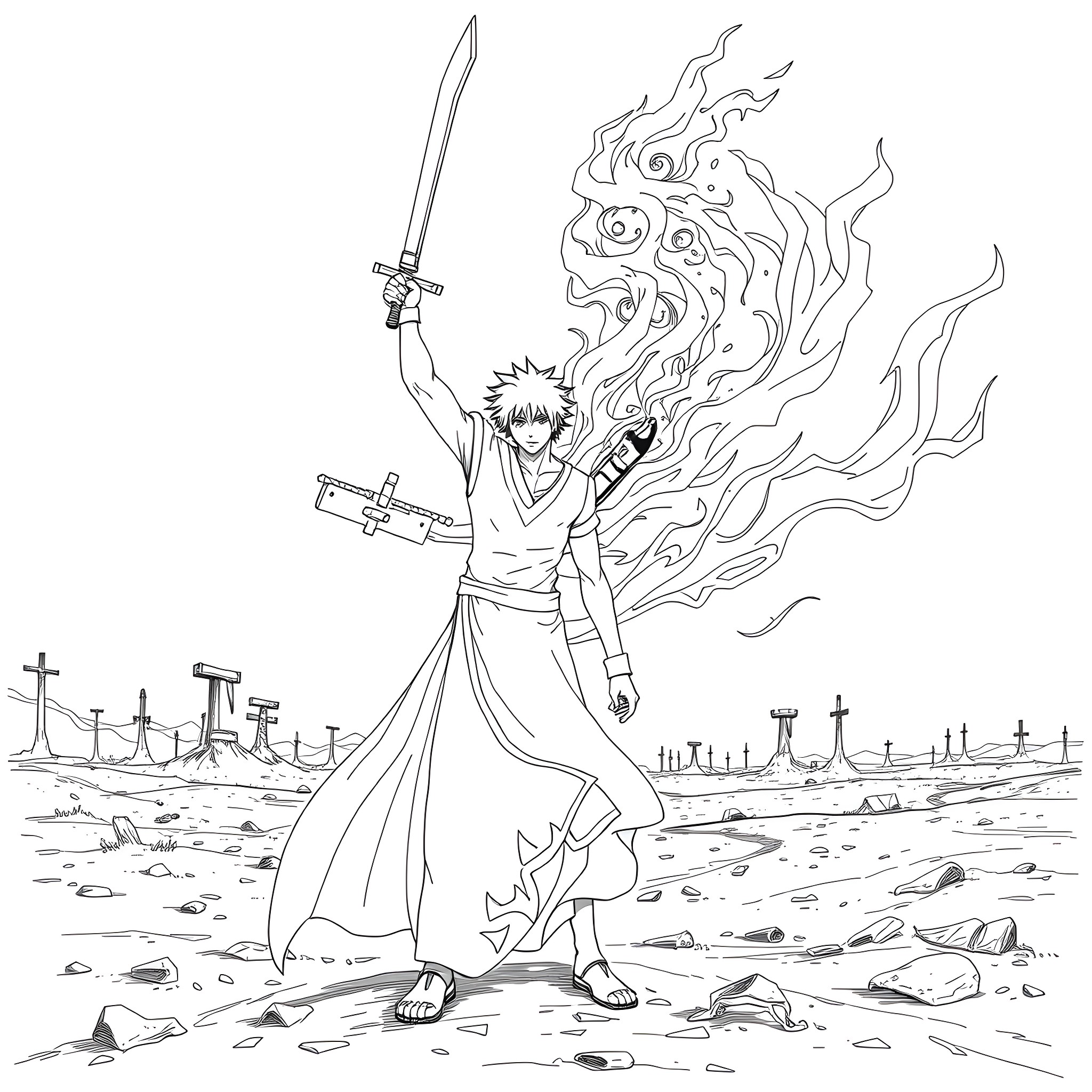 Ichigo's Fiery Stance in a Surreal Landscape Coloring Page (free black-and-white line drawing printable PDF for all, from beginners to advanced learners, including children, teens, adults, and seniors)