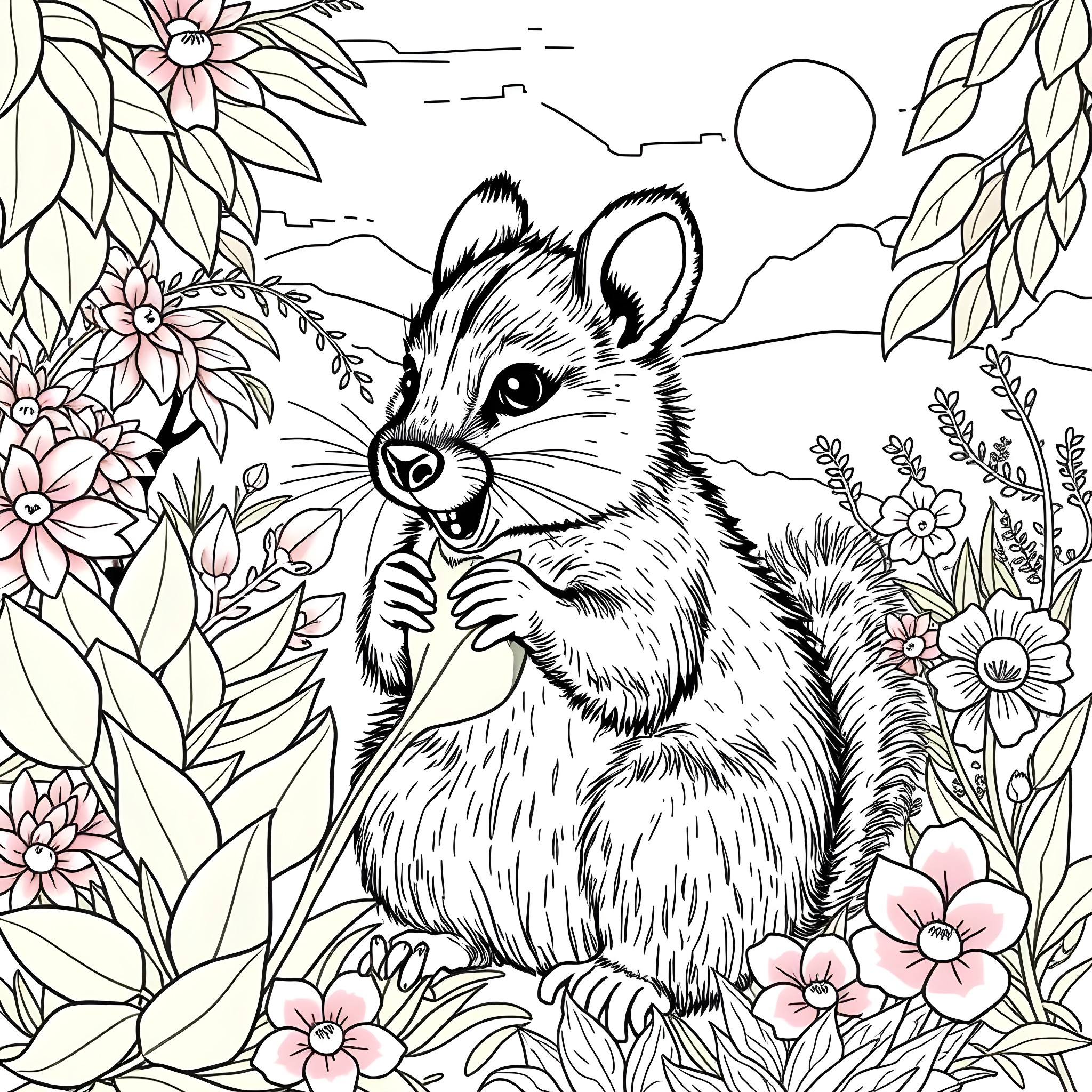 Quokka exploring the enchanting floral landscape Coloring Page (free black-and-white line drawing printable PDF for all, from beginners to advanced learners, including children, teens, adults, and seniors)