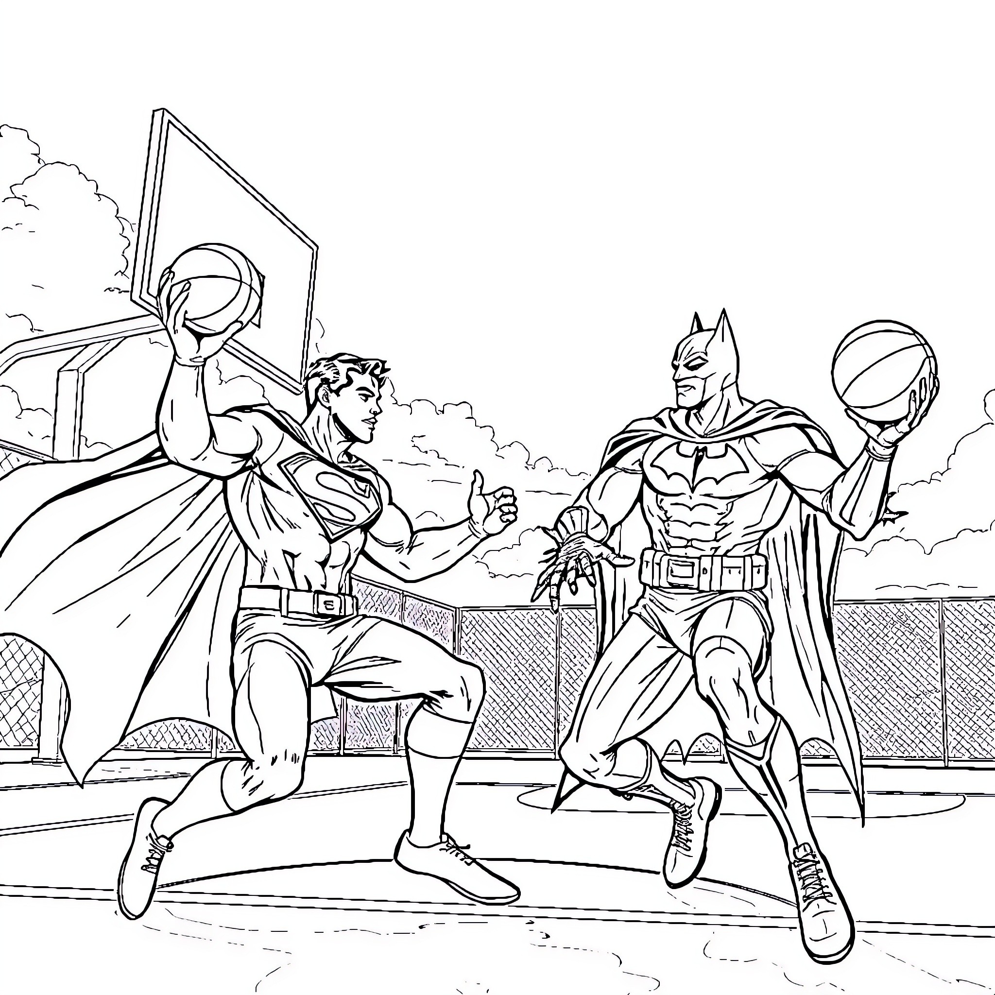 Superman and Batman Playing Basketball on Court Coloring Page (free black-and-white line drawing printable PDF for all, from beginners to advanced learners, including children, teens, adults, and seniors)