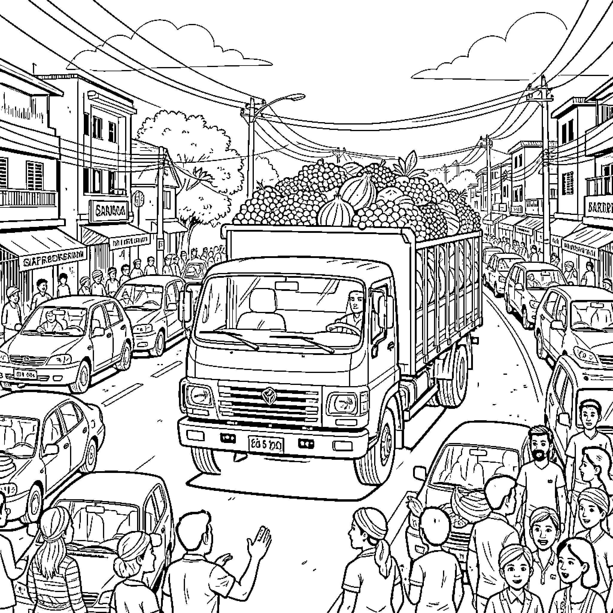 Truck transporting produce through a bustling market street Coloring Page (free black-and-white line drawing printable PDF for all, from beginners to advanced learners, including children, teens, adults, and seniors)