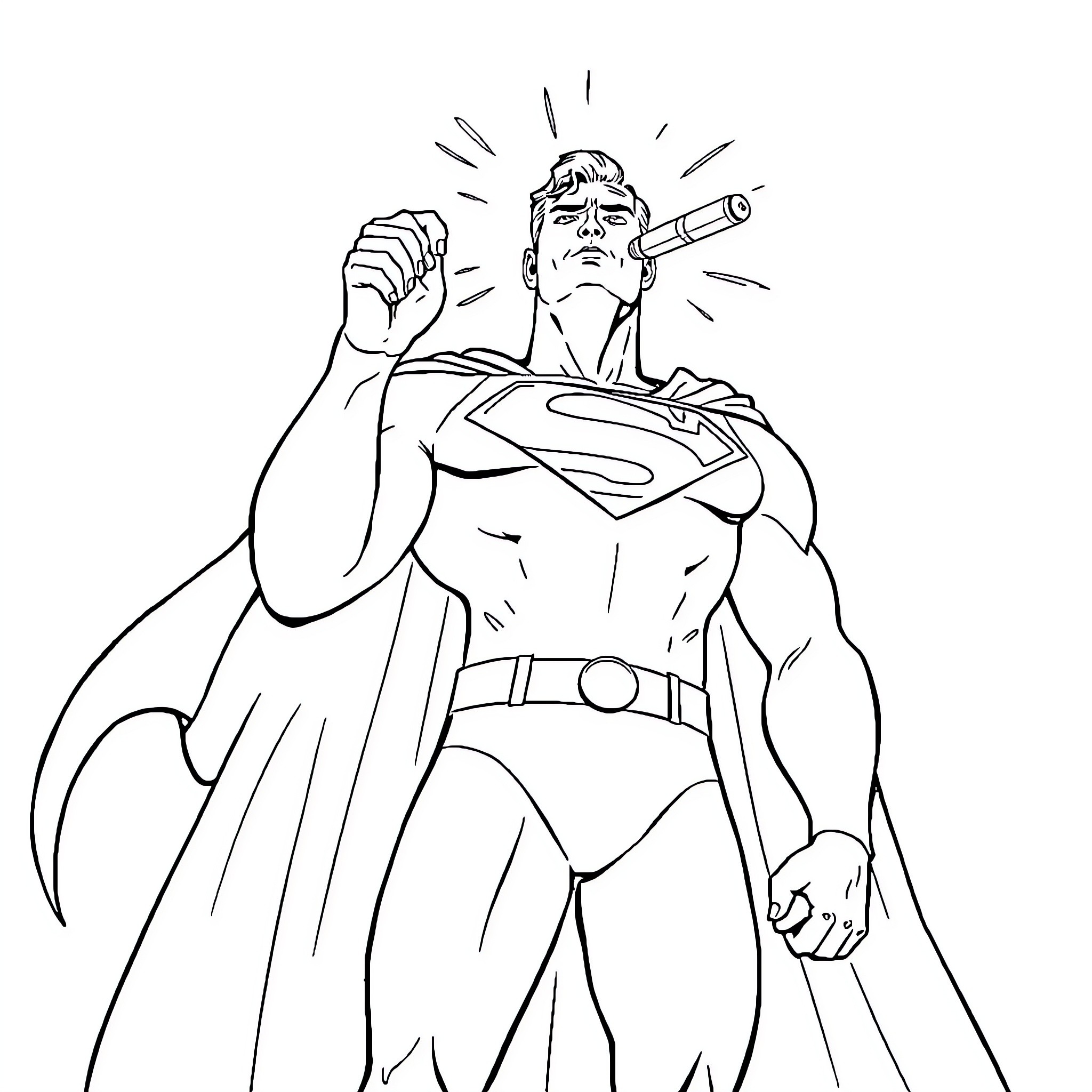 Superman in action, heroically flying and posing Coloring Page (free black-and-white line drawing printable PDF for all, from beginners to advanced learners, including children, teens, adults, and seniors)