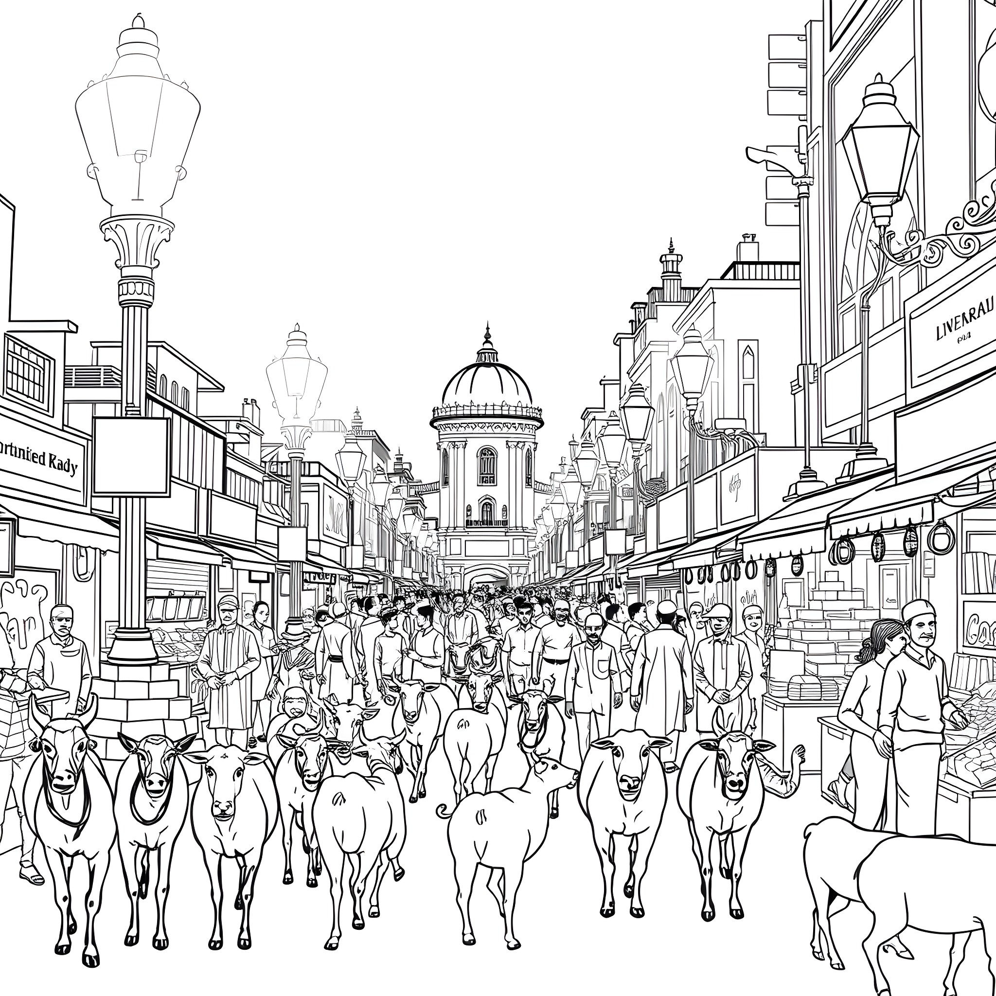 Street Scene with Bustling Crowd and Animals Coloring Page (free black-and-white line drawing printable PDF for all, from beginners to advanced learners, including children, teens, adults, and seniors)