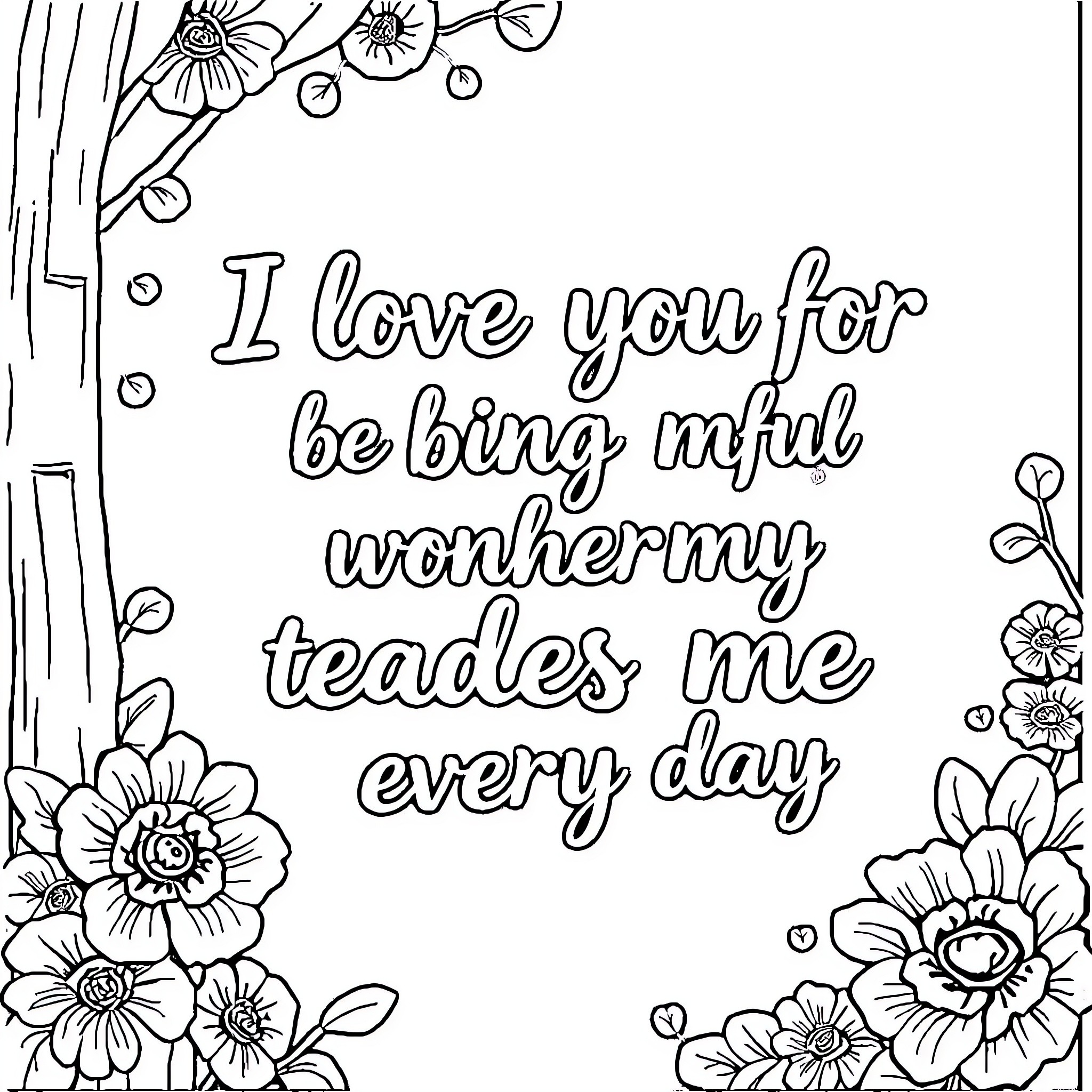 Teacher expressing heartfelt message surrounded by floral elements Coloring Page (free black-and-white line drawing printable PDF for all, from beginners to advanced learners, including children, teens, adults, and seniors)