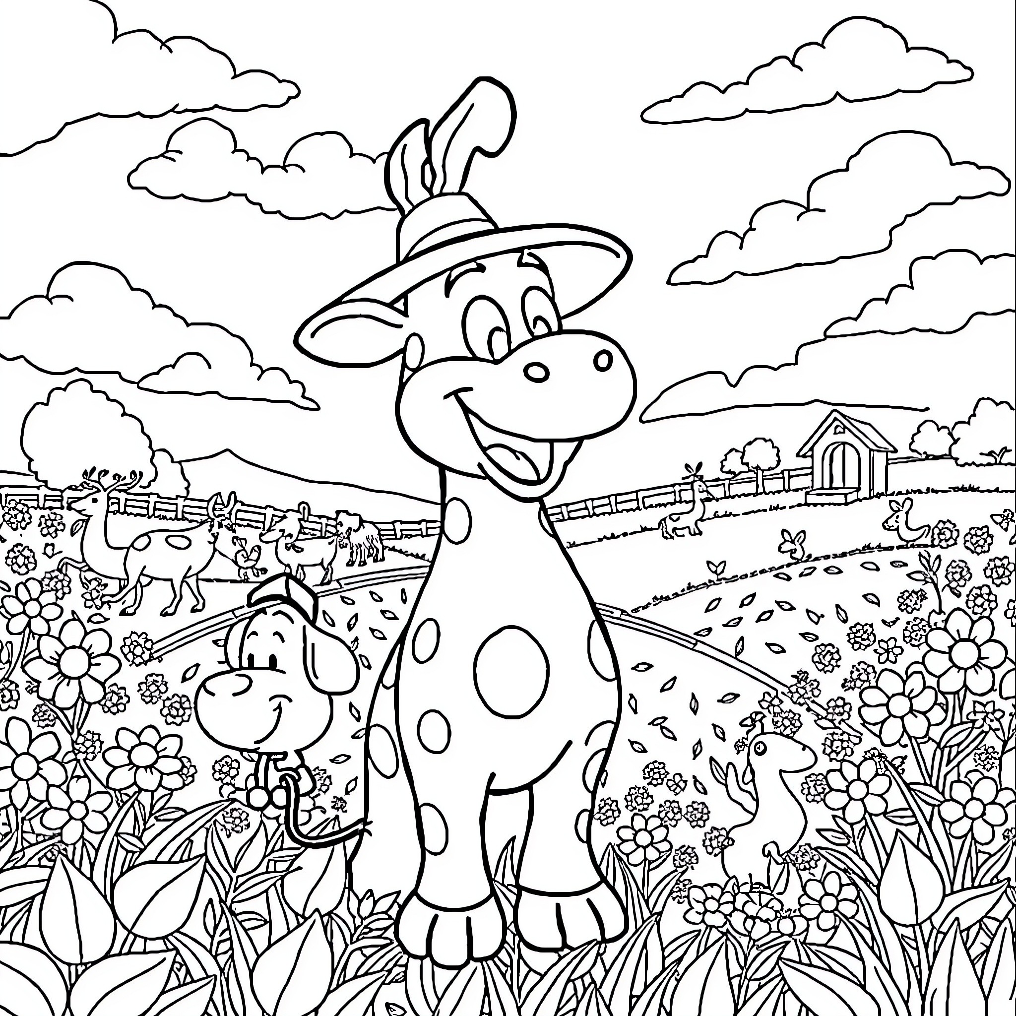 Payaso Plim Plim's Playful Farm Adventure Coloring Page (free black-and-white line drawing printable PDF for all, from beginners to advanced learners, including children, teens, adults, and seniors)