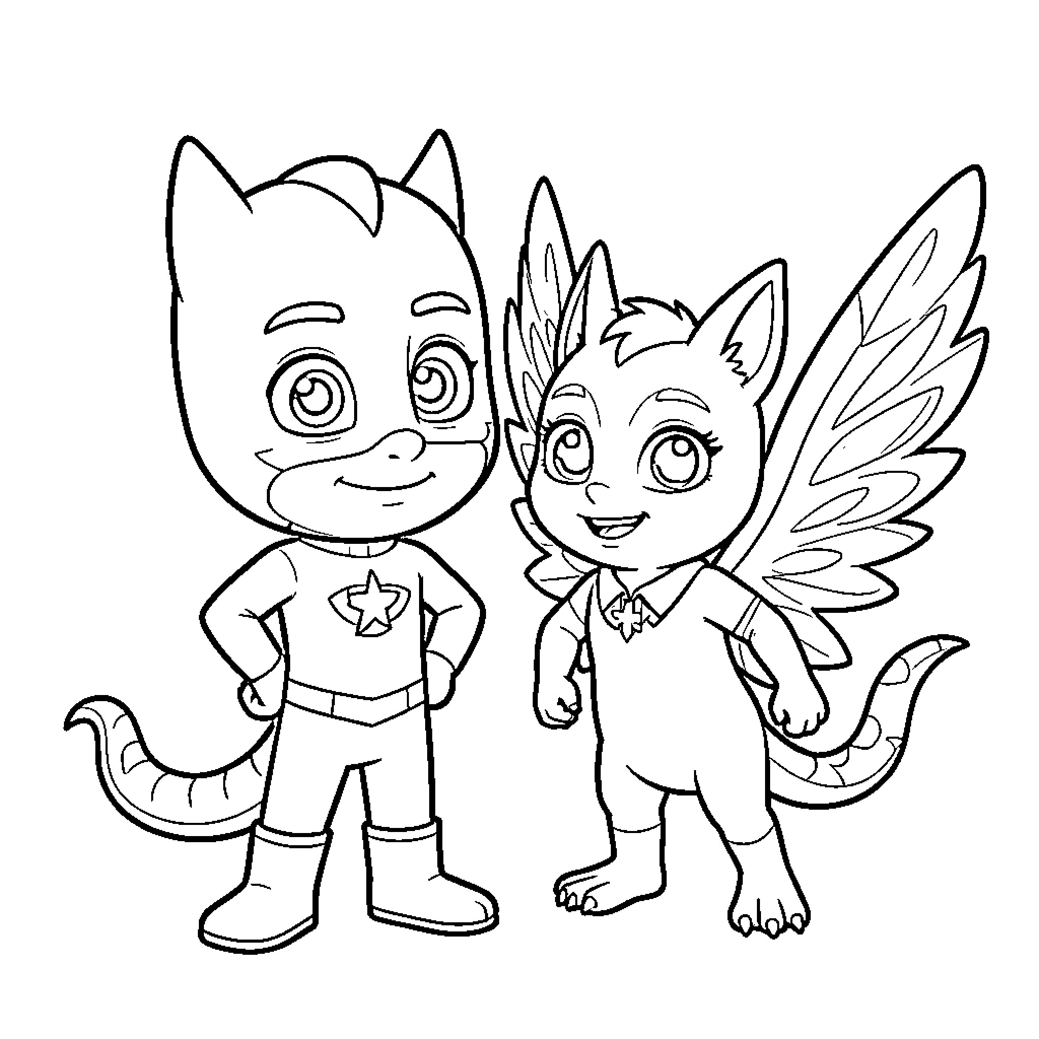 Gekko and Owlette's Playful Antics Coloring Page (free black-and-white line drawing printable PDF for all, from beginners to advanced learners, including children, teens, adults, and seniors)