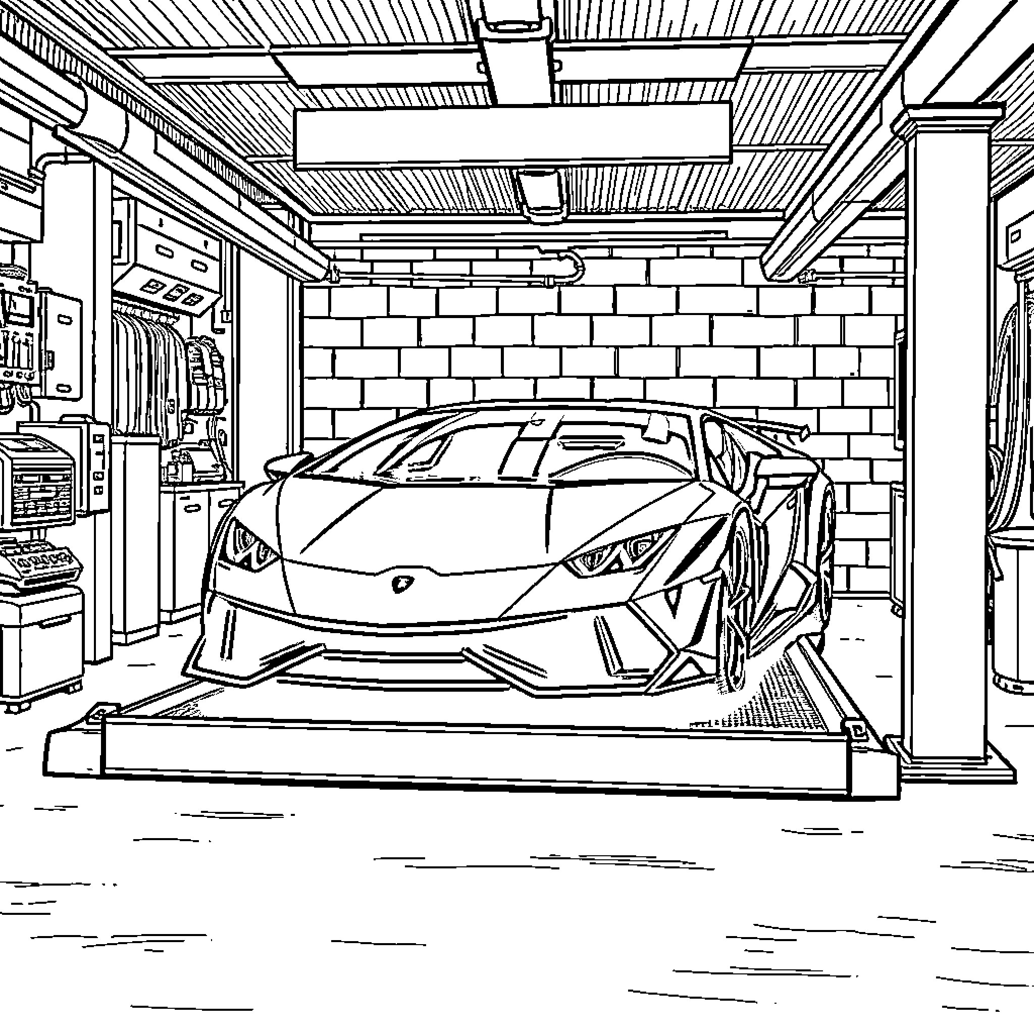 Lamborghini sports car on display in garage Coloring Page (free black-and-white line drawing printable PDF for all, from beginners to advanced learners, including children, teens, adults, and seniors)