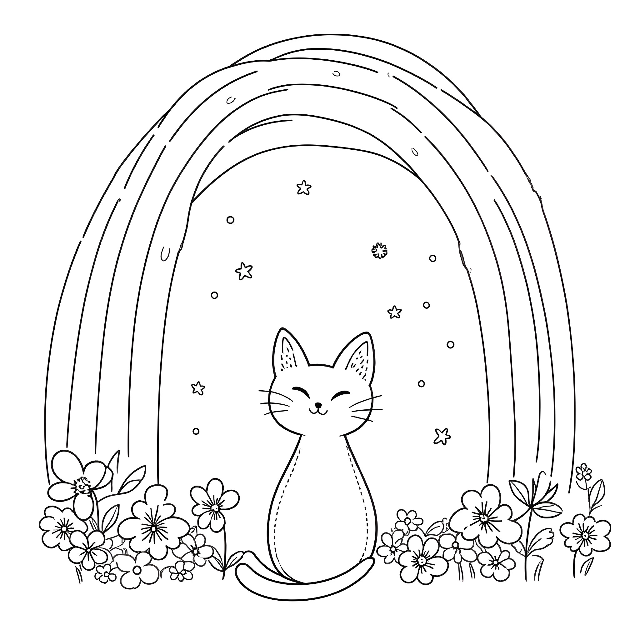 Cat sitting in a field of flowers under a rainbow Coloring Page (free black-and-white line drawing printable PDF for all, from beginners to advanced learners, including children, teens, adults, and seniors)