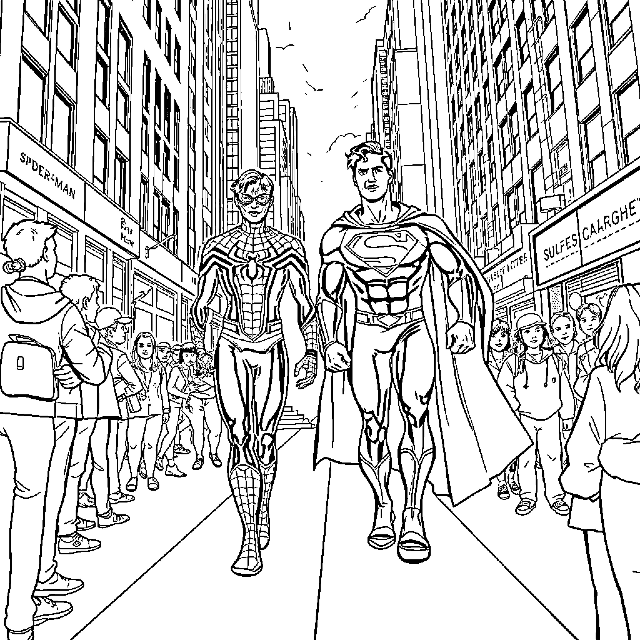 Spider-Man and Superman stand together in the city Coloring Page (free black-and-white line drawing printable PDF for all, from beginners to advanced learners, including children, teens, adults, and seniors)