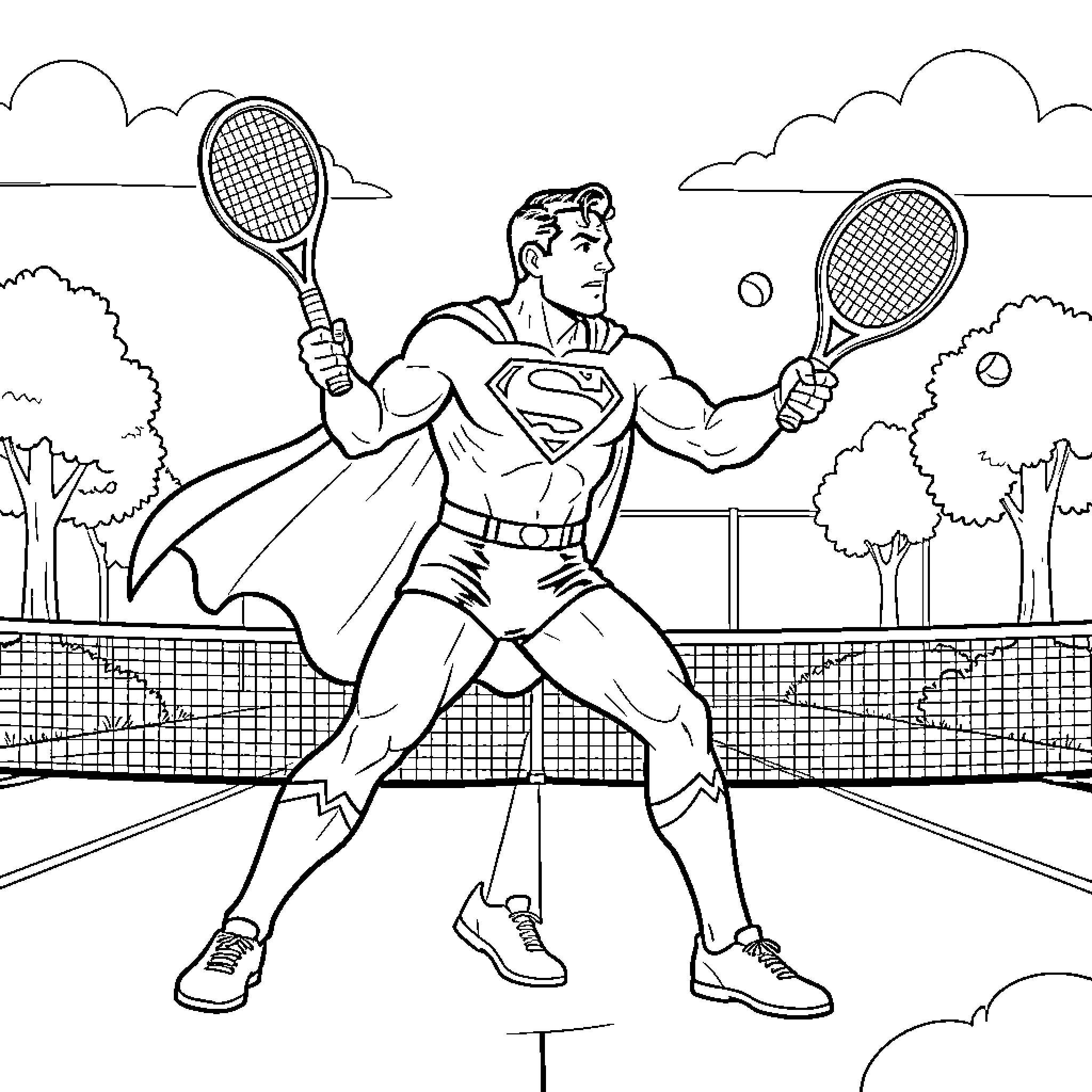 Superman playing tennis on a court with rackets Coloring Page (free black-and-white line drawing printable PDF for all, from beginners to advanced learners, including children, teens, adults, and seniors)