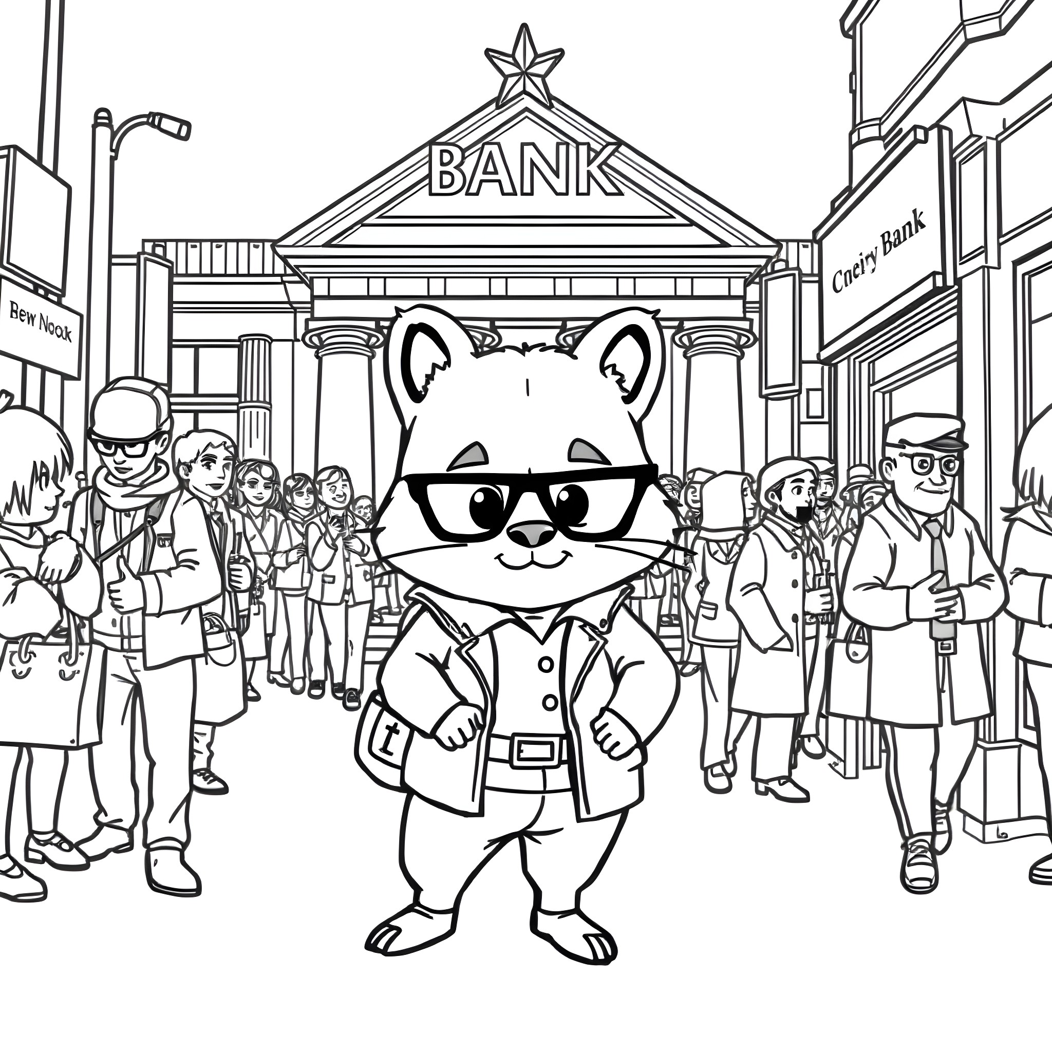 Tom Nook in Banker Outfit Surrounded by Townspeople Coloring Page (free black-and-white line drawing printable PDF for all, from beginners to advanced learners, including children, teens, adults, and seniors)